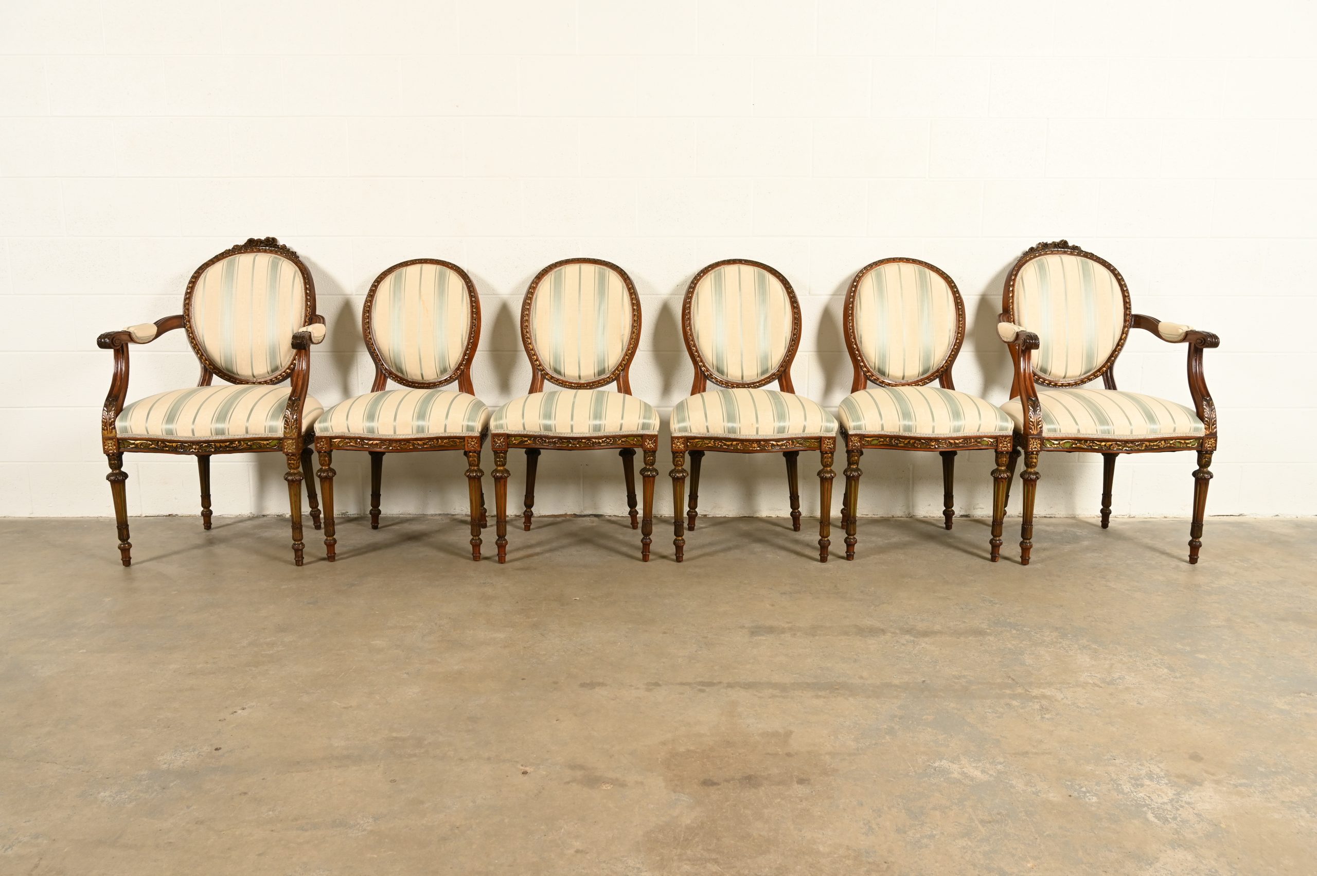 Karges Style French Regency Louis XVI Carved Mahogany and Gold Gilt Dining Chairs, Set of Six - Image 3