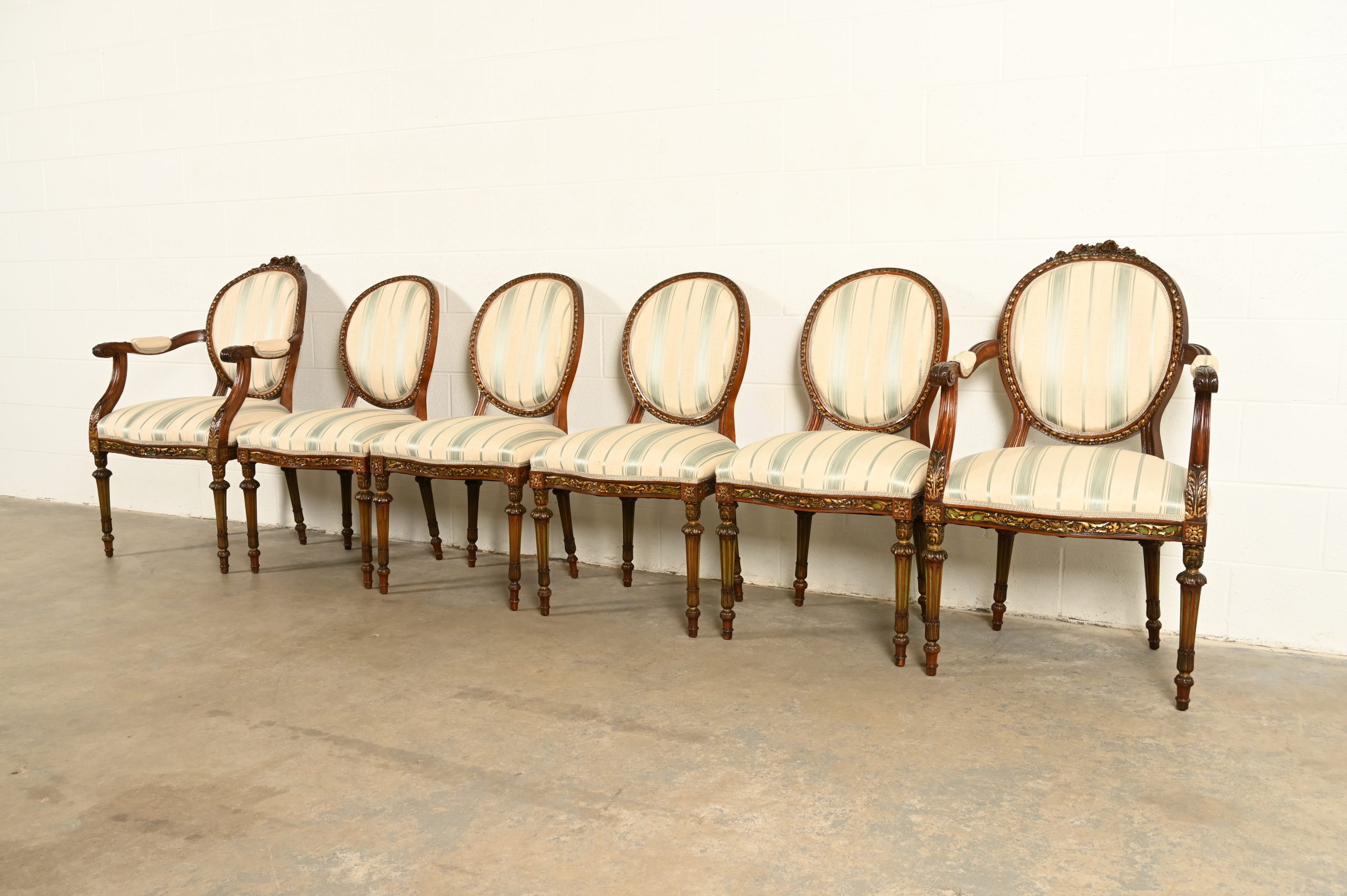 Karges Style French Regency Louis XVI Carved Mahogany and Gold Gilt Dining Chairs, Set of Six