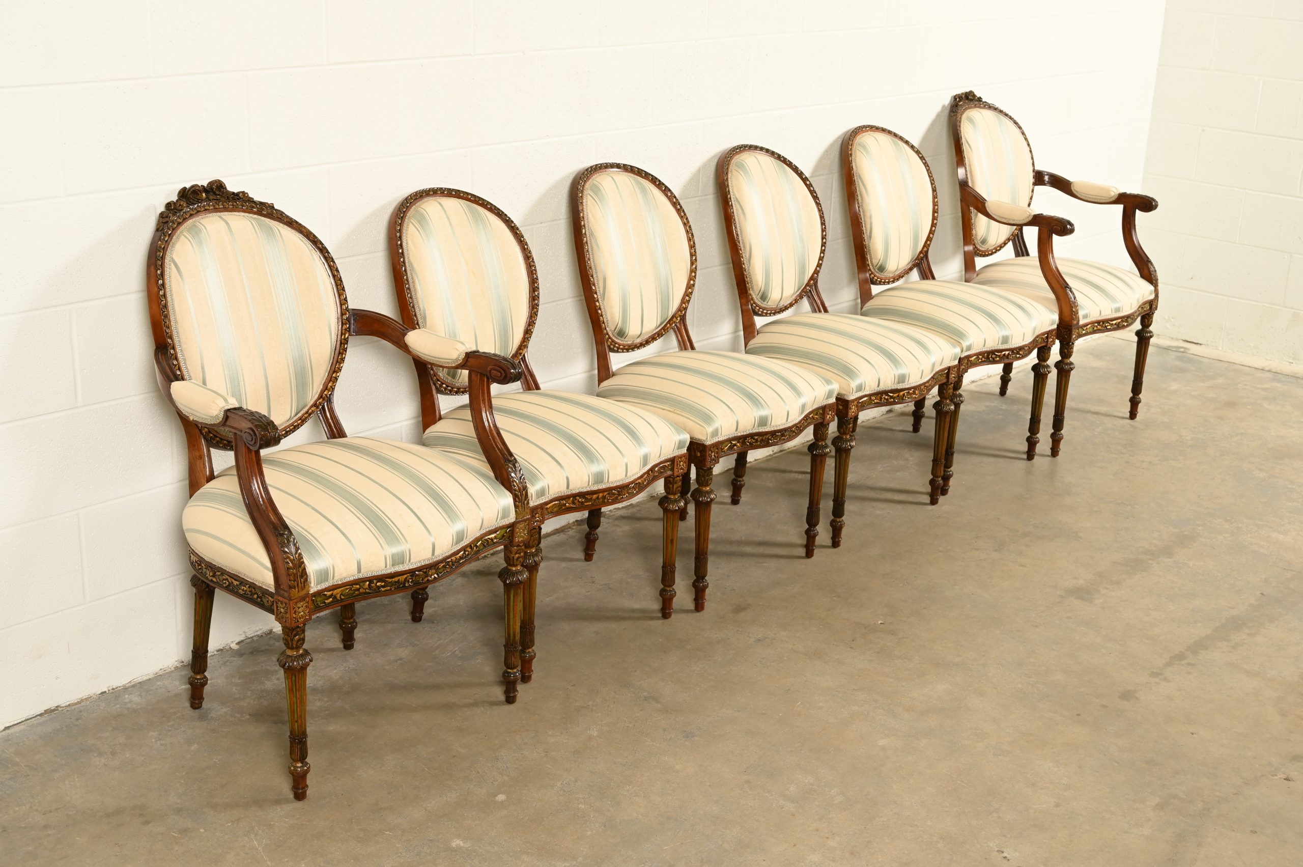 Karges Style French Regency Louis XVI Carved Mahogany and Gold Gilt Dining Chairs, Set of Six - Image 4