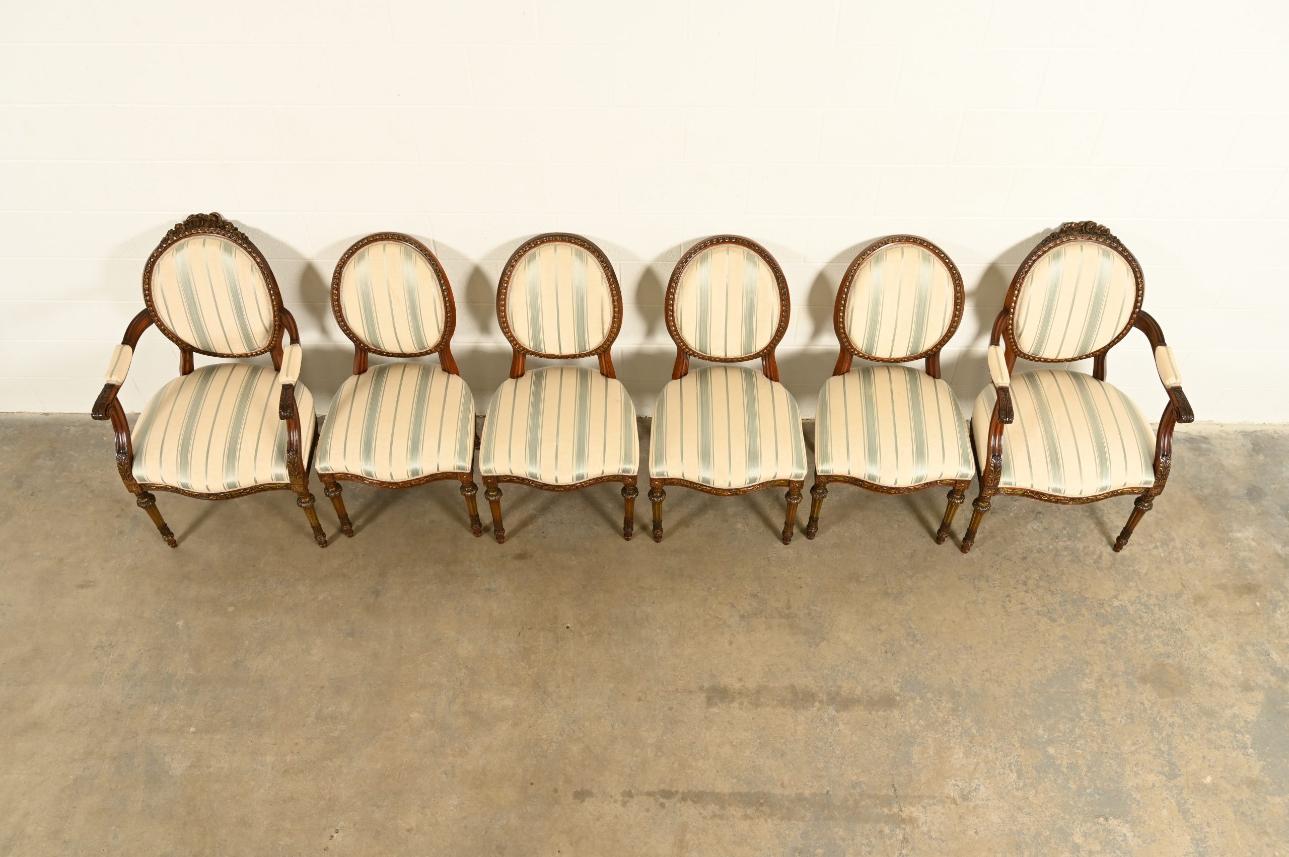 Karges Style French Regency Louis XVI Carved Mahogany and Gold Gilt Dining Chairs, Set of Six - Image 5