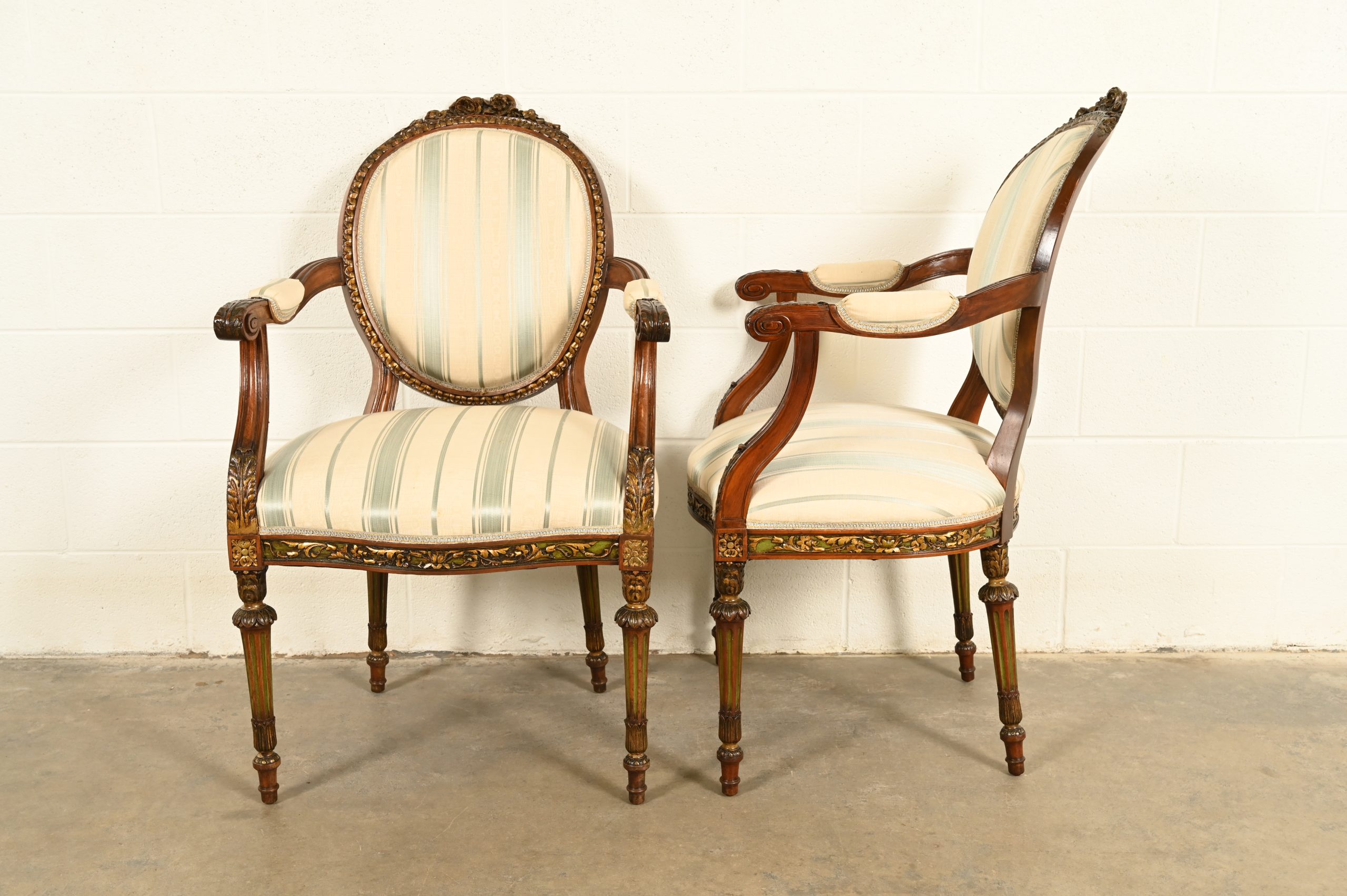 Karges Style French Regency Louis XVI Carved Mahogany and Gold Gilt Dining Chairs, Set of Six - Image 12