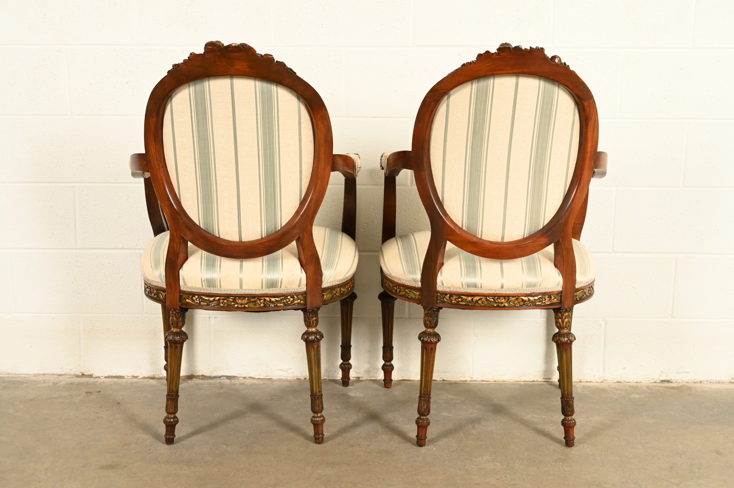 Karges Style French Regency Louis XVI Carved Mahogany and Gold Gilt Dining Chairs, Set of Eight - Image 13
