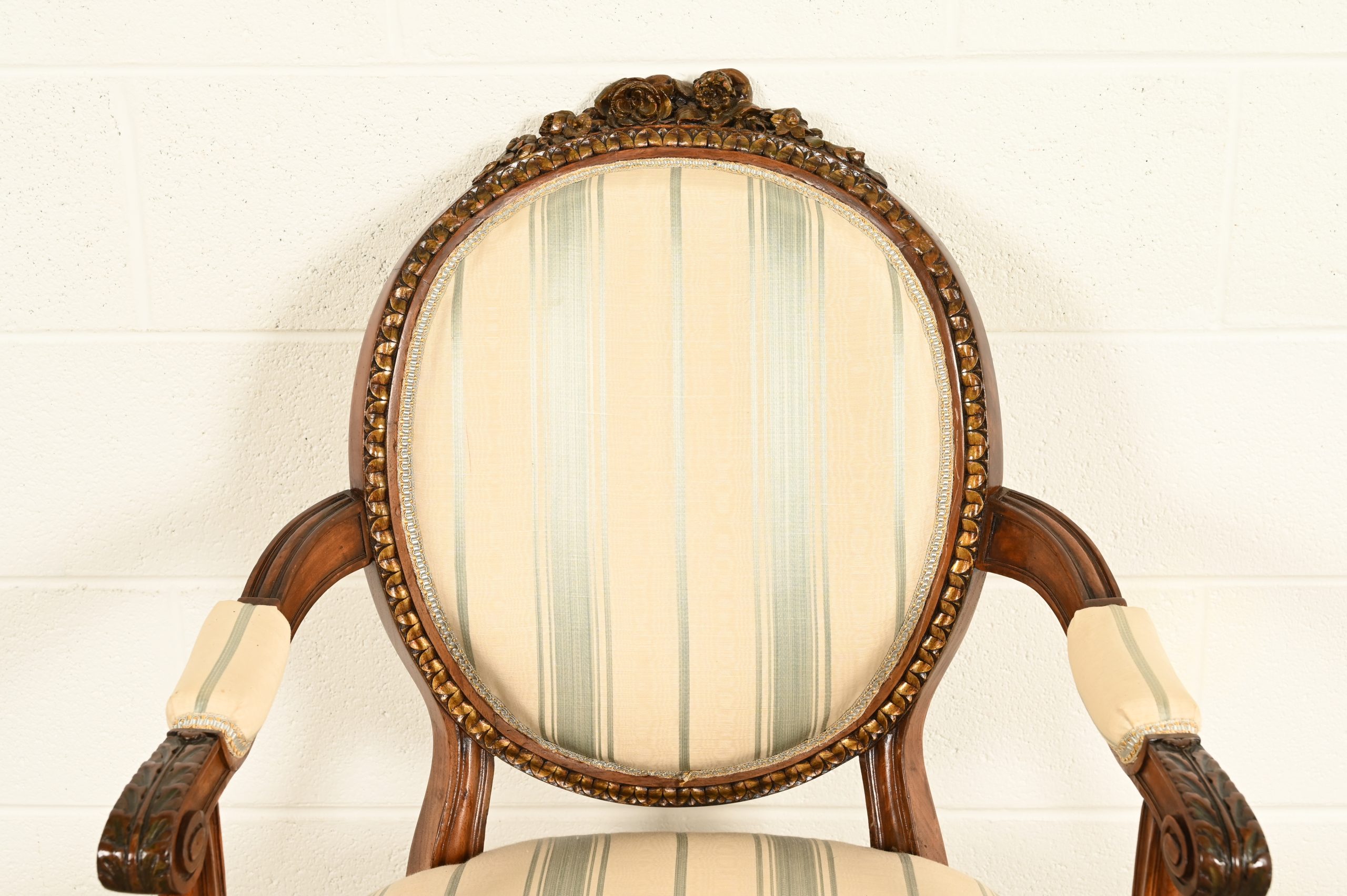 Karges Style French Regency Louis XVI Carved Mahogany and Gold Gilt Dining Chairs, Set of Six - Image 7
