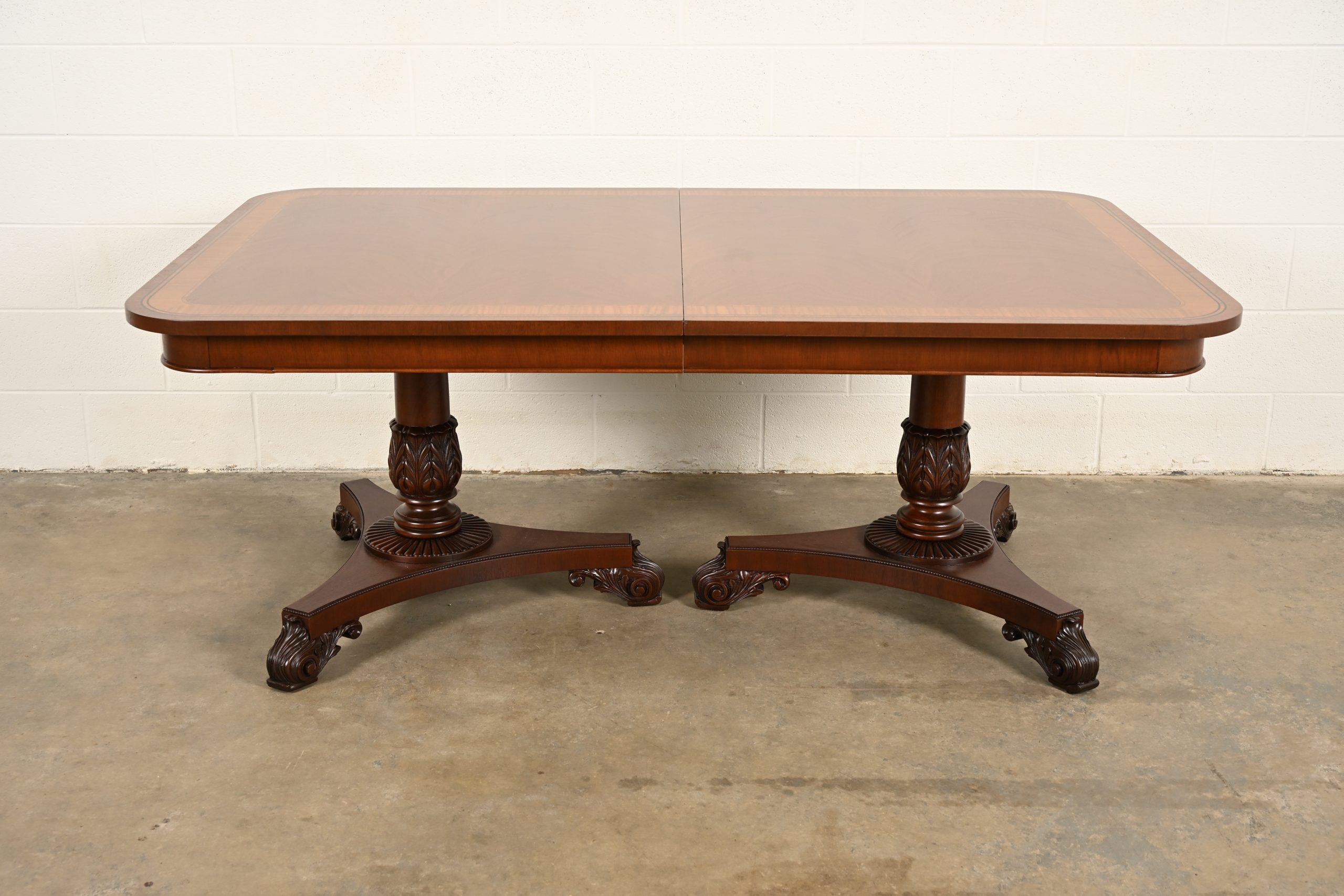 Baker Furniture Regency Banded Mahogany Double Pedestal Extension Dining Table, Newly Refinished - Image 7