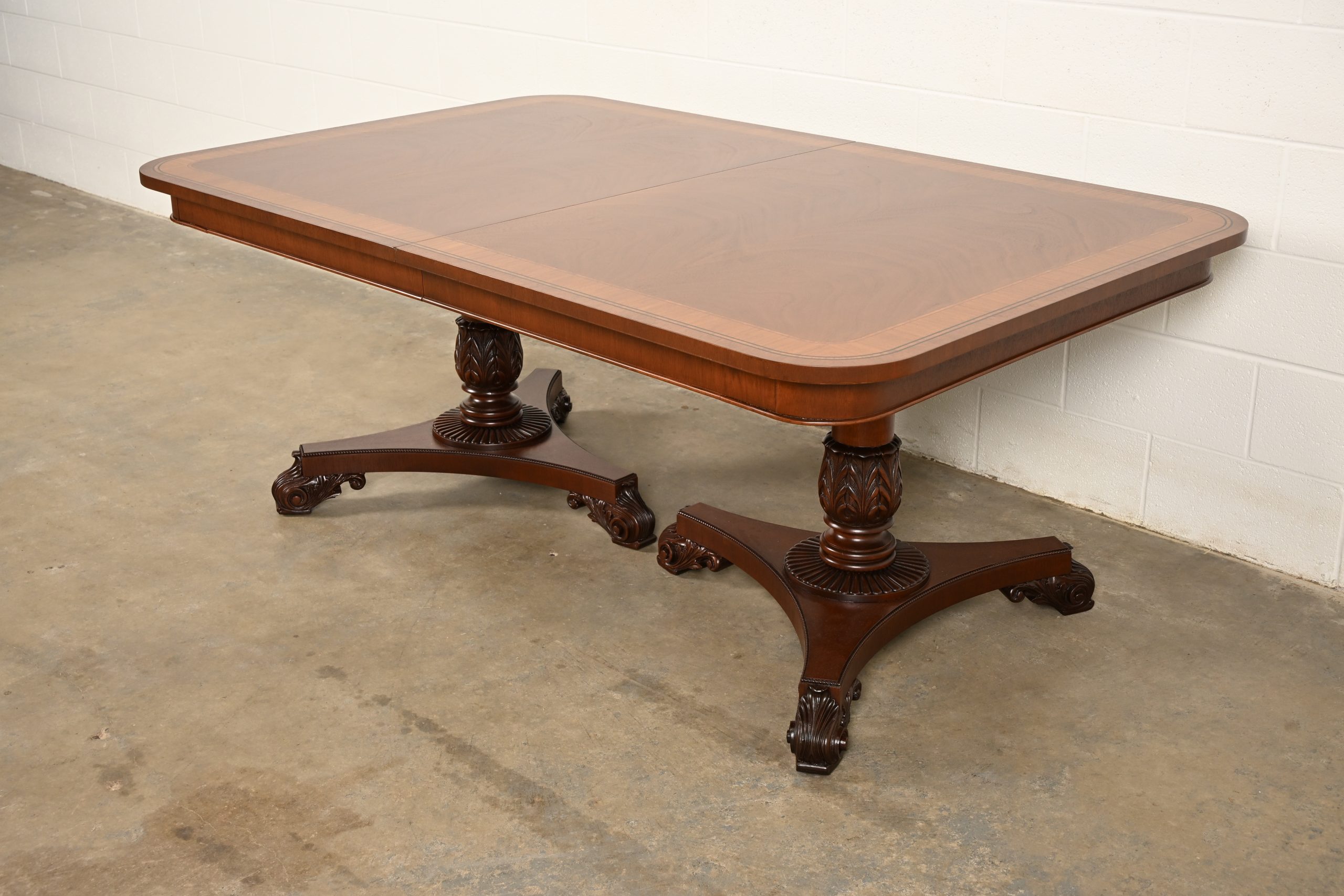 Baker Furniture Regency Banded Mahogany Double Pedestal Extension Dining Table, Newly Refinished - Image 8