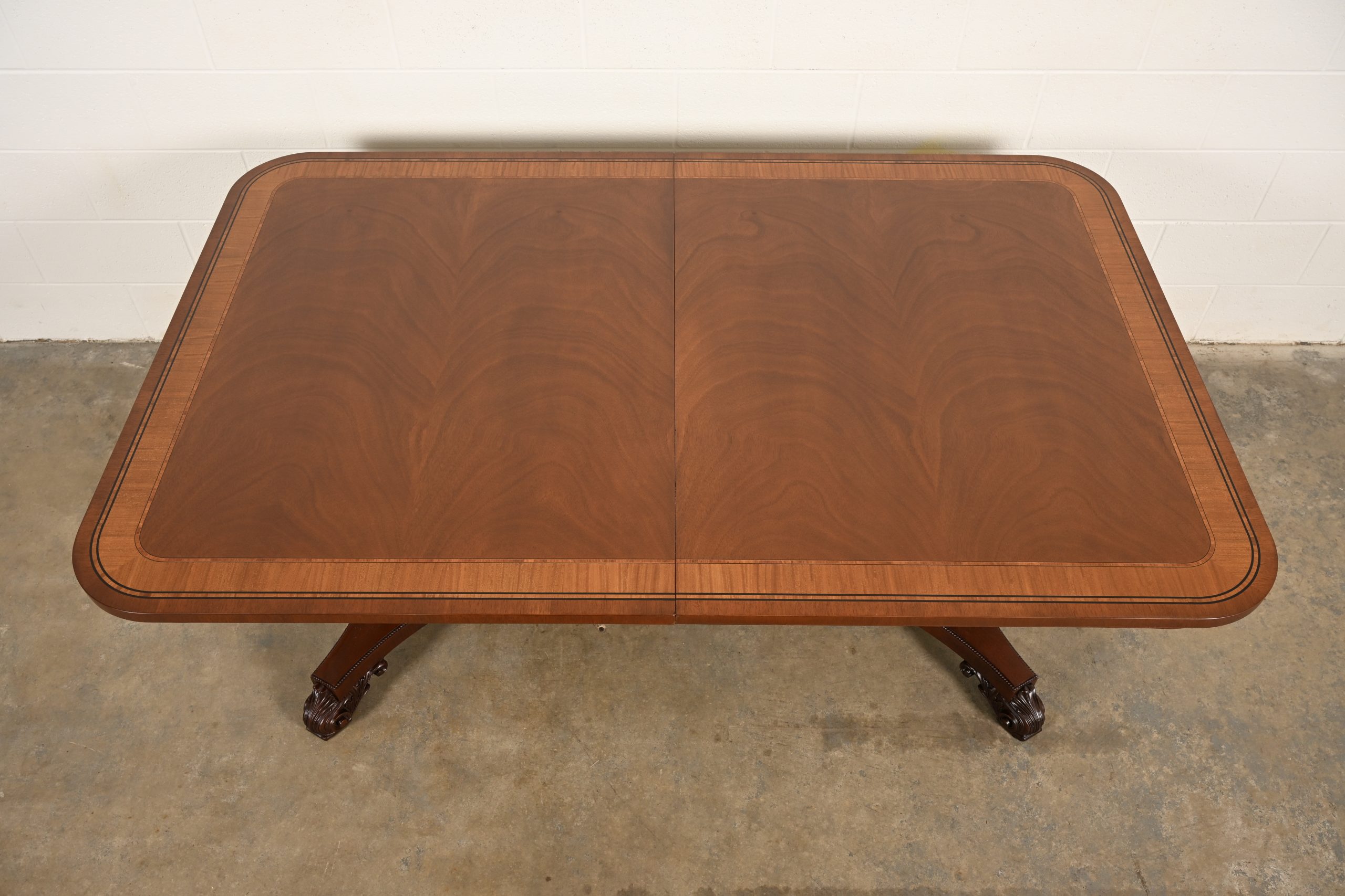 Baker Furniture Regency Banded Mahogany Double Pedestal Extension Dining Table, Newly Refinished - Image 9