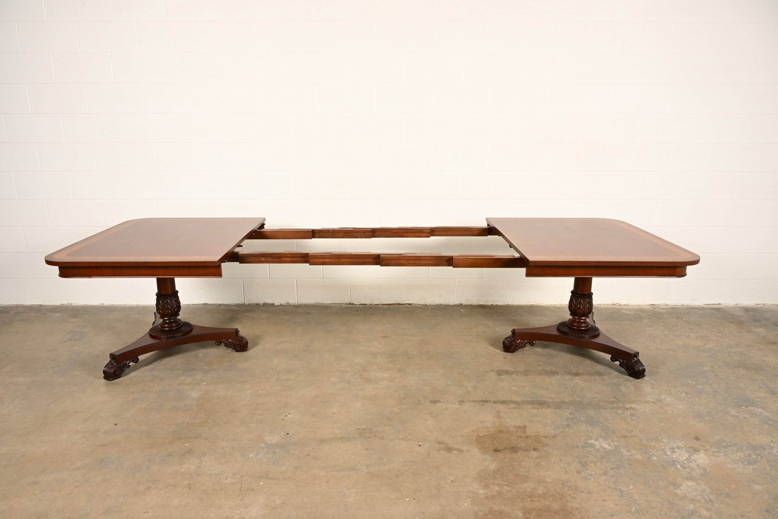 Baker Furniture Regency Banded Mahogany Double Pedestal Extension Dining Table, Newly Refinished - Image 6