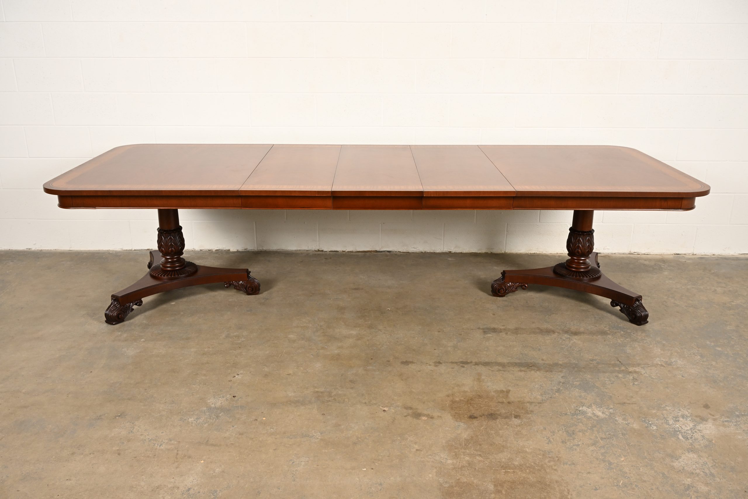 Baker Furniture Regency Banded Mahogany Double Pedestal Extension Dining Table, Newly Refinished - Image 2