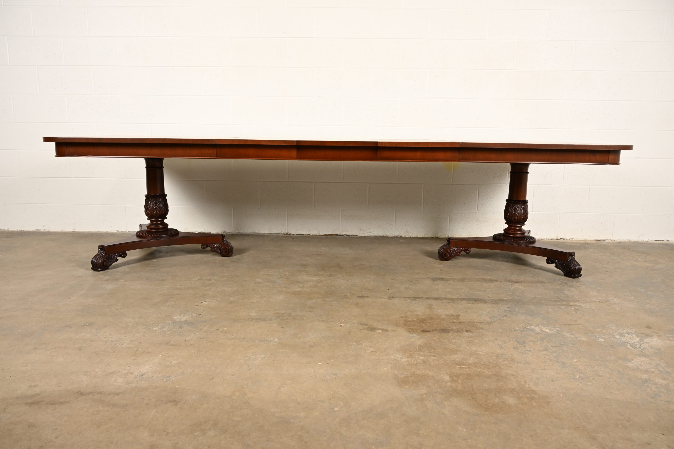 Baker Furniture Regency Banded Mahogany Double Pedestal Extension Dining Table, Newly Refinished - Image 3