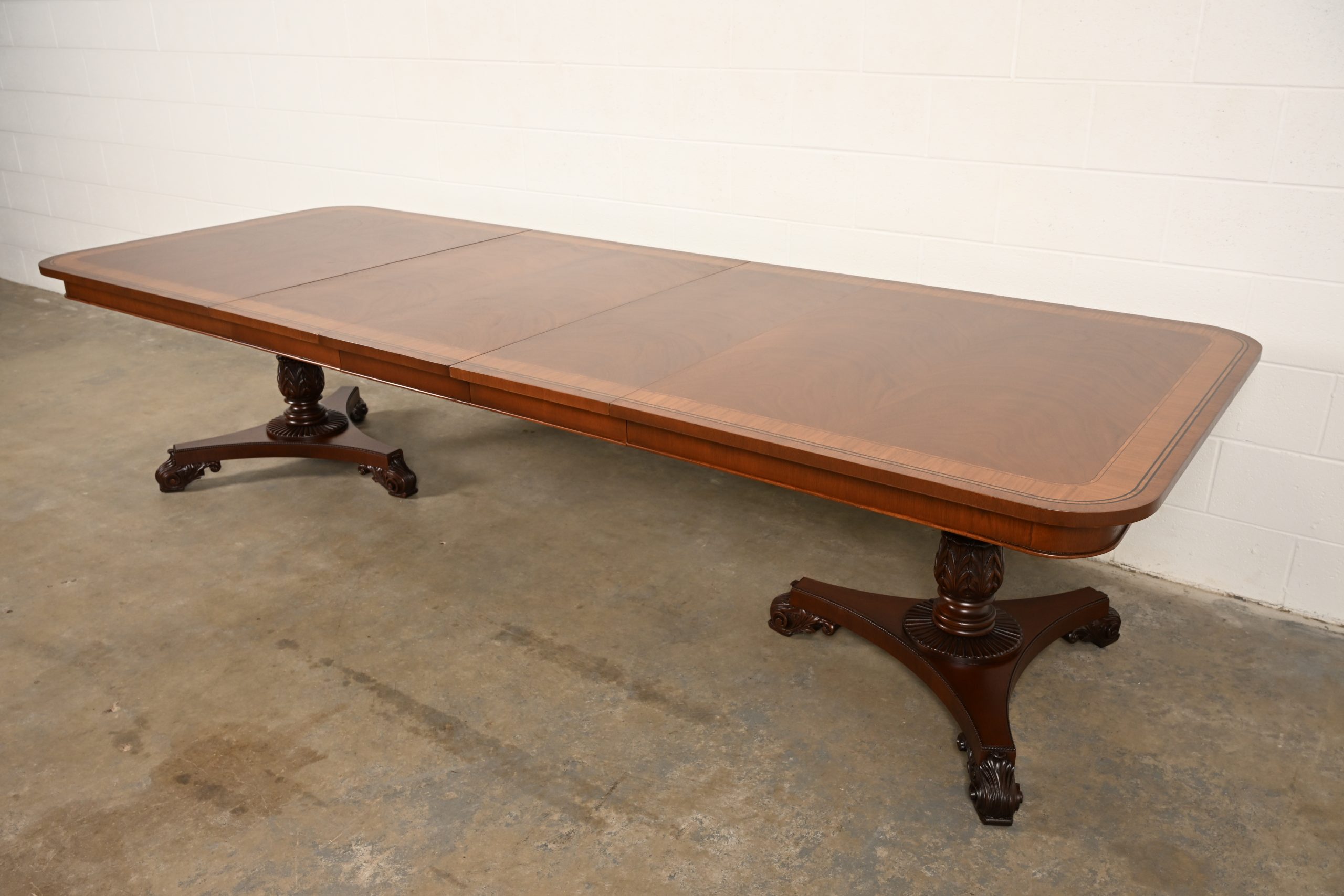 Baker Furniture Regency Banded Mahogany Double Pedestal Extension Dining Table, Newly Refinished