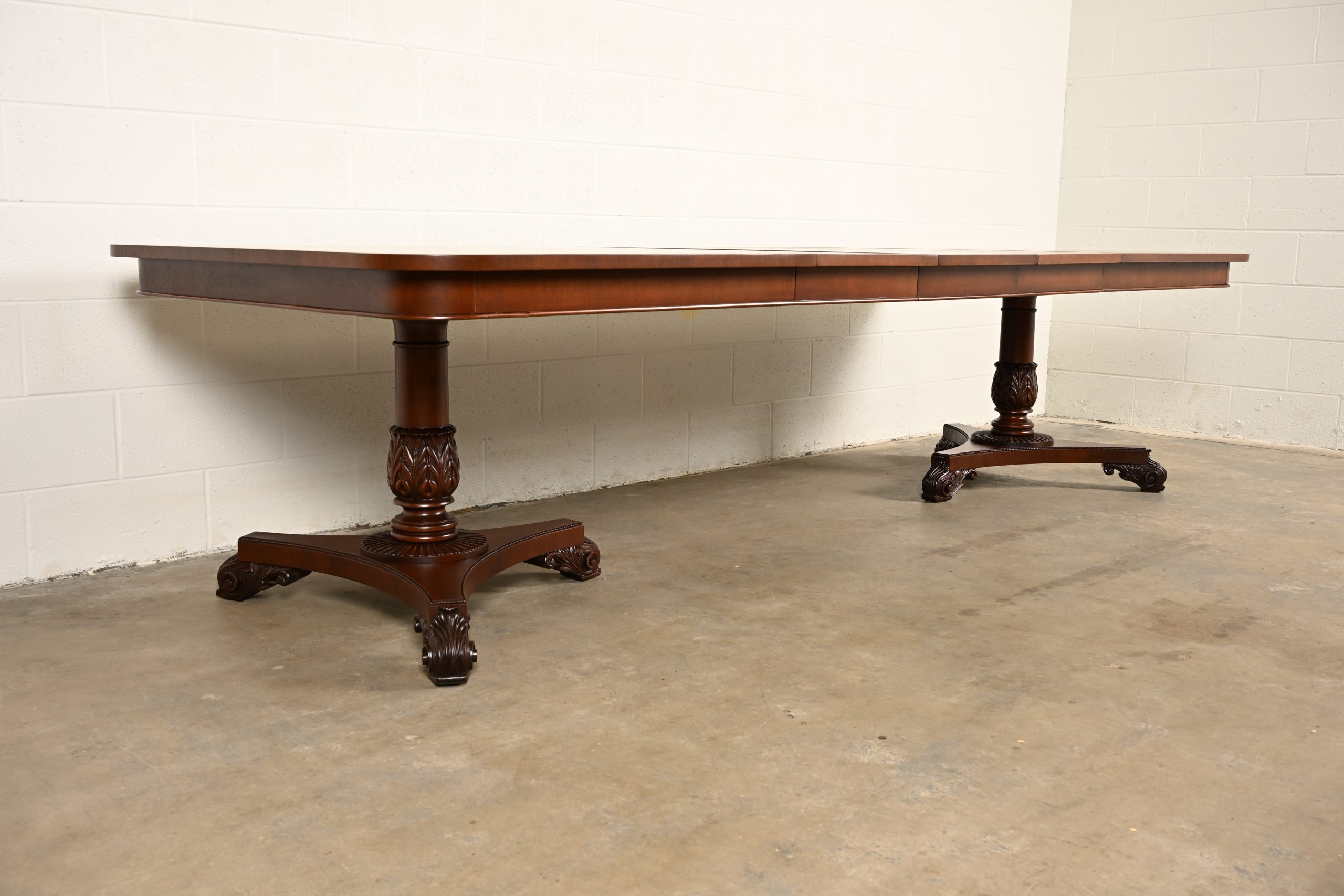 Baker Furniture Regency Banded Mahogany Double Pedestal Extension Dining Table, Newly Refinished - Image 4