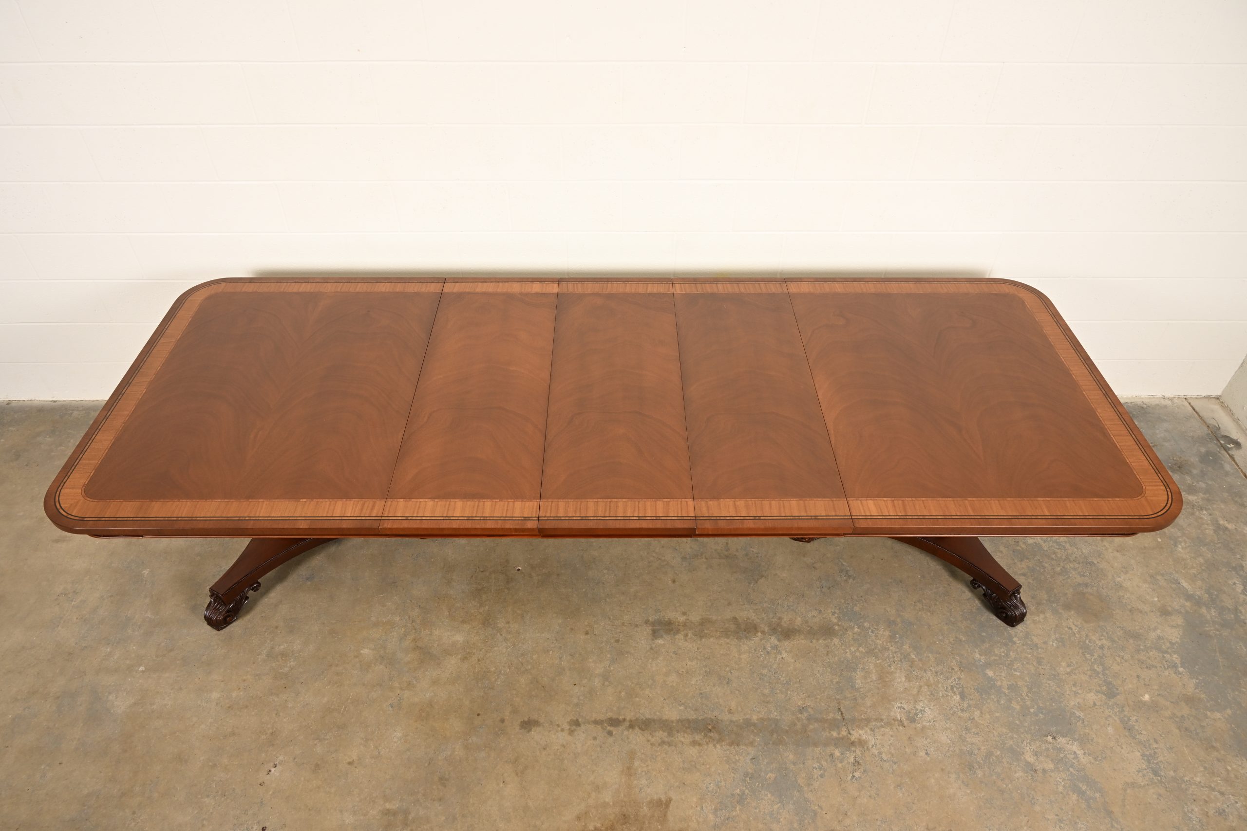 Baker Furniture Regency Banded Mahogany Double Pedestal Extension Dining Table, Newly Refinished - Image 5
