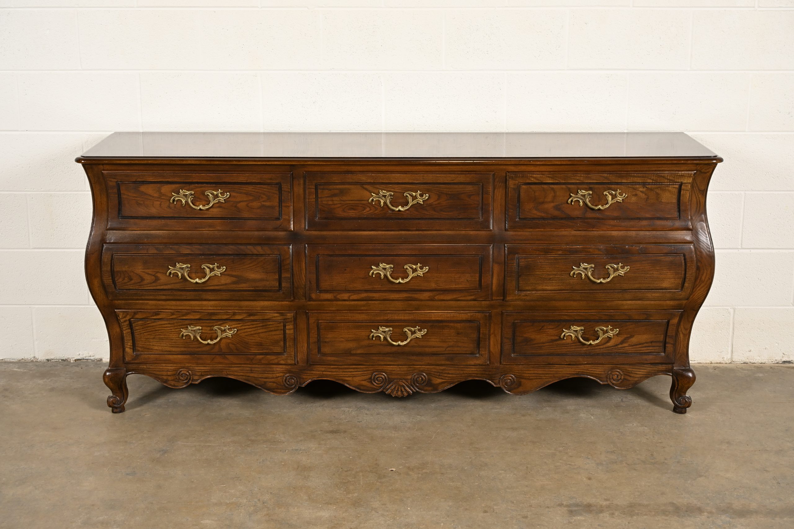 Baker Furniture French Provincial Louis XV Carved Oak and Burl Wood Triple Dresser or Credenza - Image 2