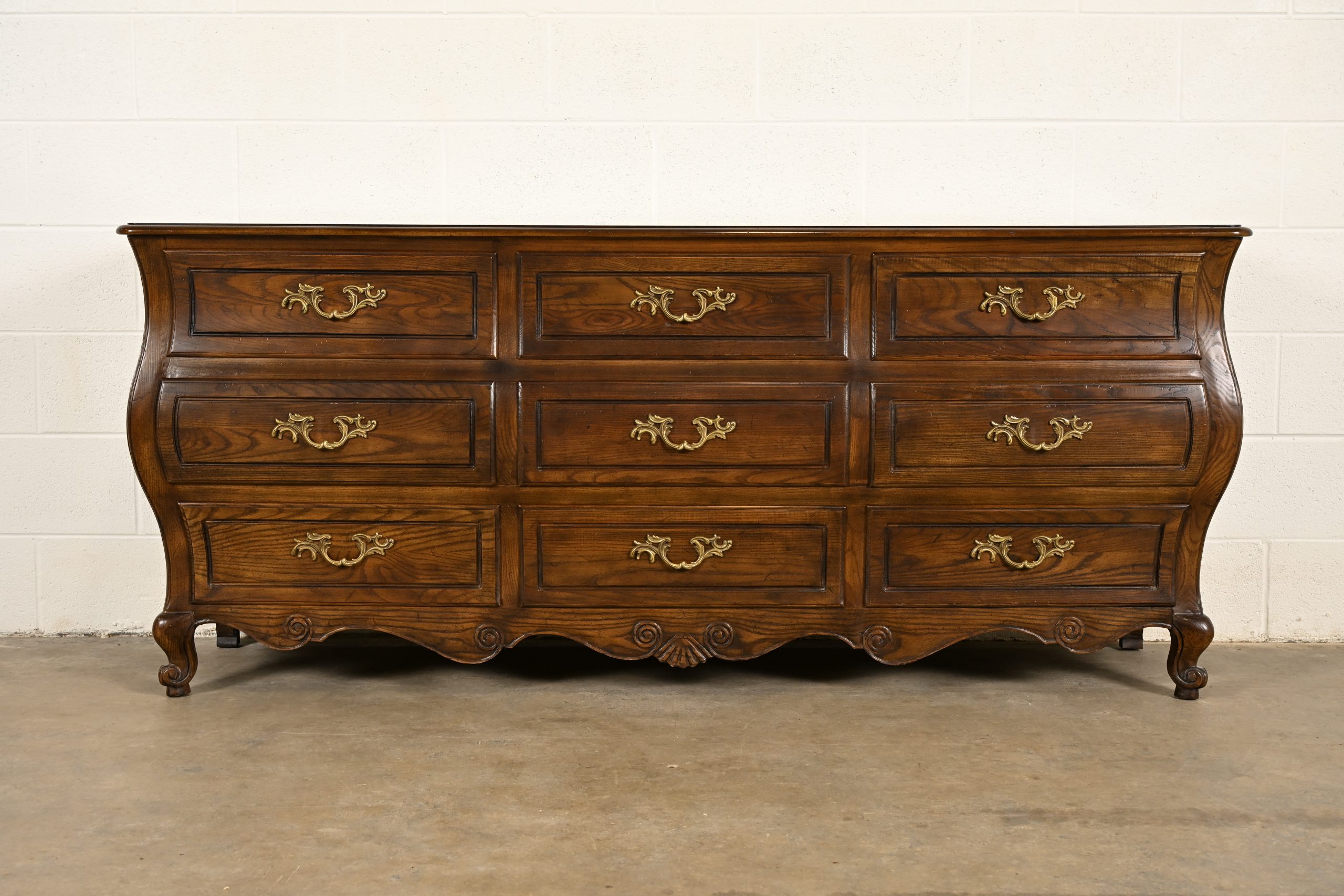 Baker Furniture French Provincial Louis XV Carved Oak and Burl Wood Triple Dresser or Credenza