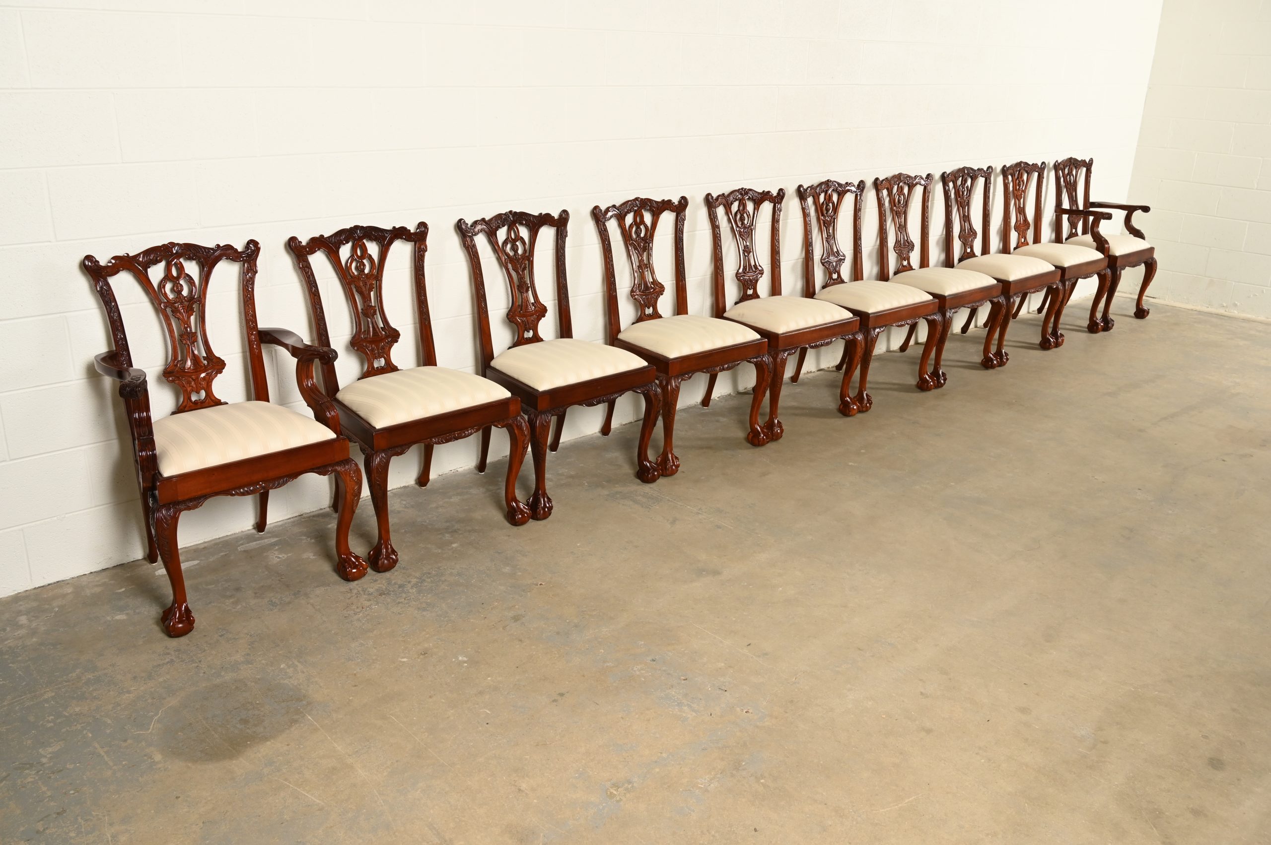 Baker Furniture Style Chippendale Carved Mahogany Dining Chairs, Set of Ten