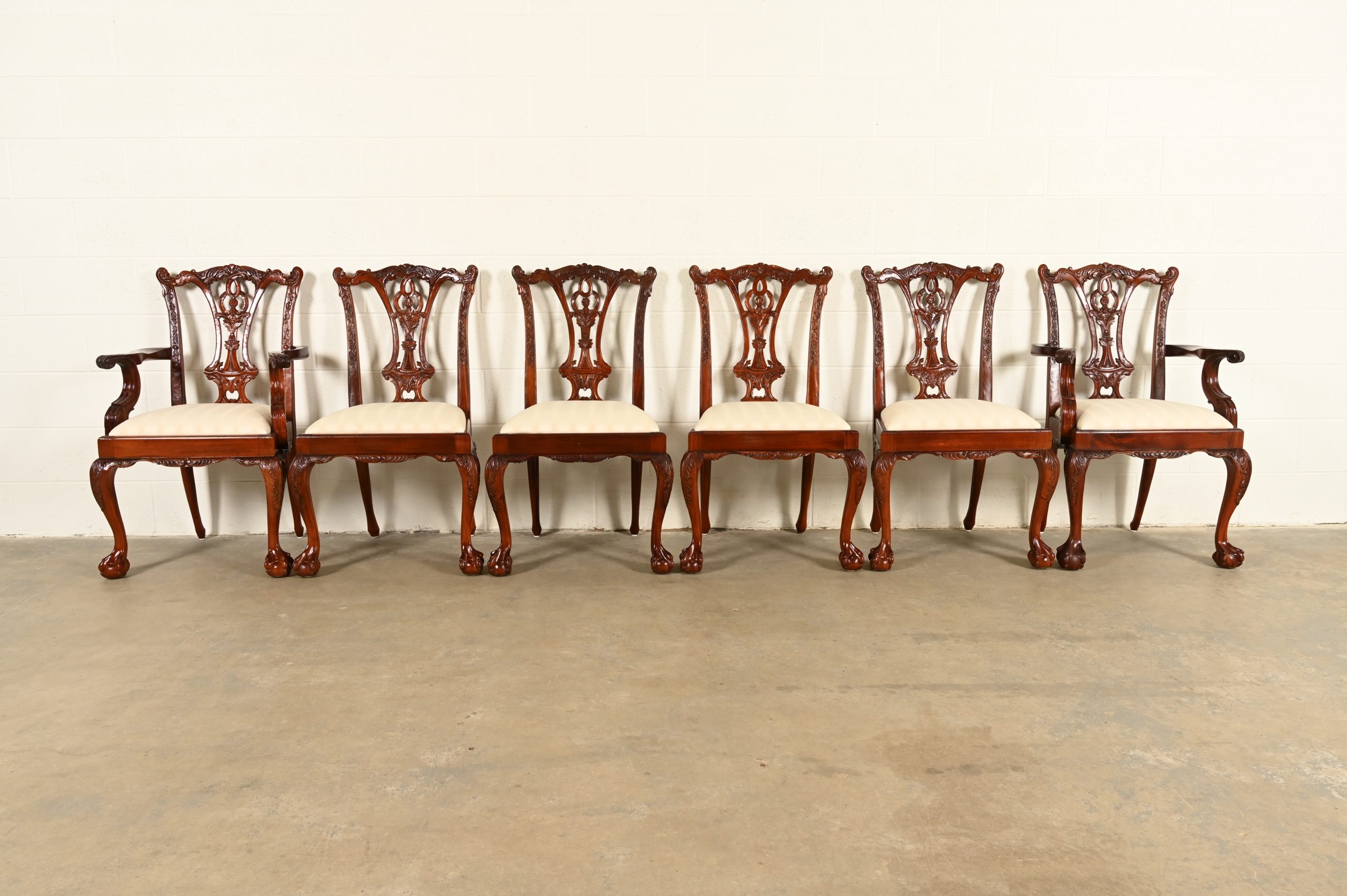 Baker Furniture Style Chippendale Carved Mahogany Dining Chairs, Set of Six