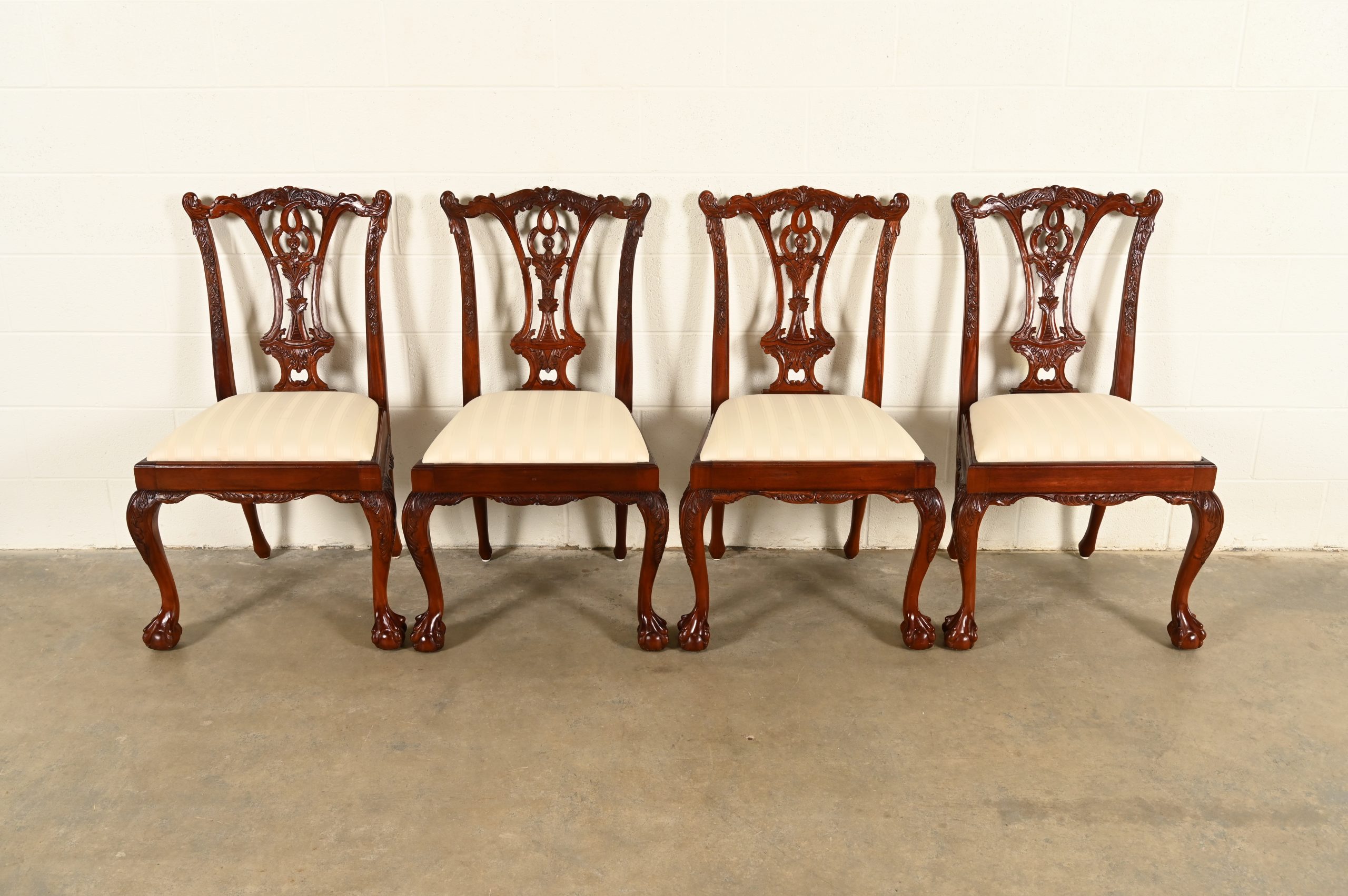 Baker Furniture Style Chippendale Carved Mahogany Dining Chairs, Set of Four