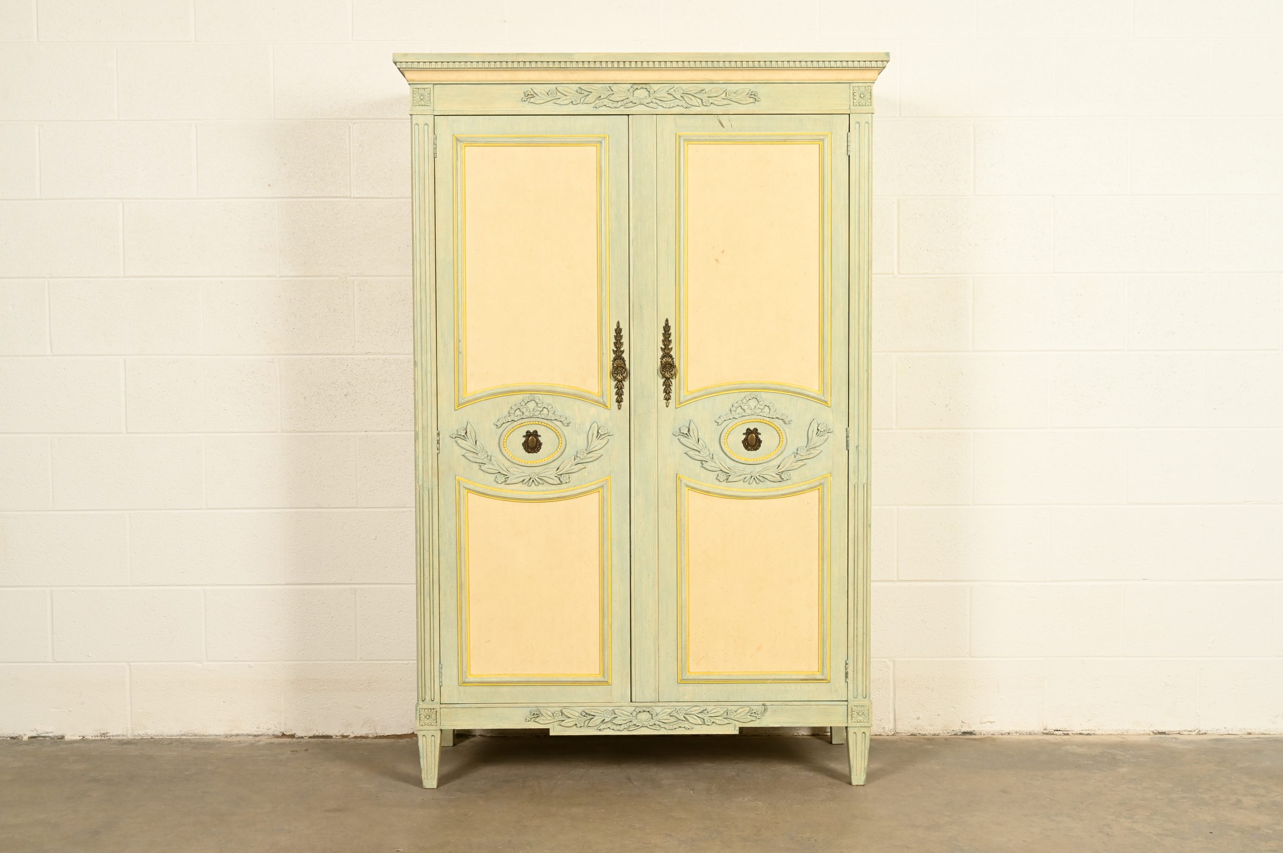 Baker Furniture French Regency Louis XVI Cream Lacquered Armoire Dresser or Linen Press, Circa 1960s