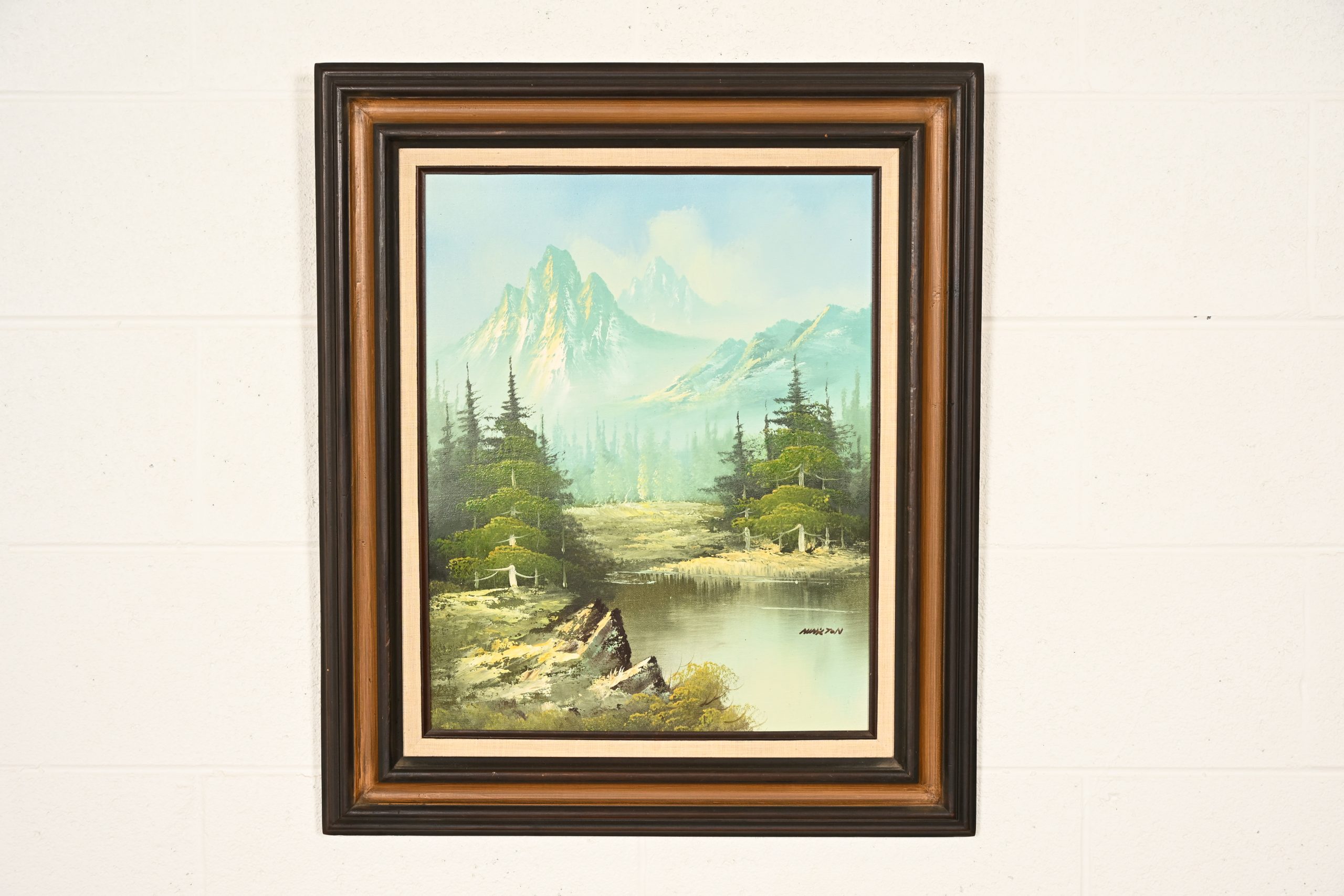 Bob Ross Style Original Signed Mountain River Landscape Oil Painting in Carved Wood Frame - Image 2