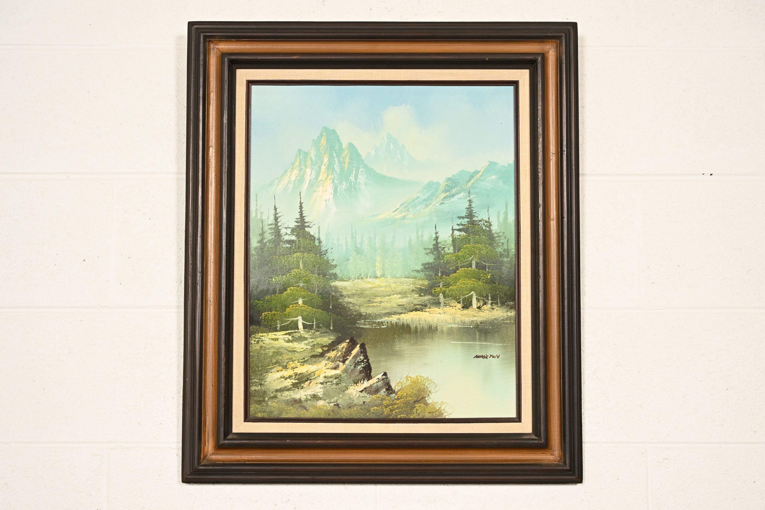 Bob Ross Style Original Signed Mountain River Landscape Oil Painting in Carved Wood Frame