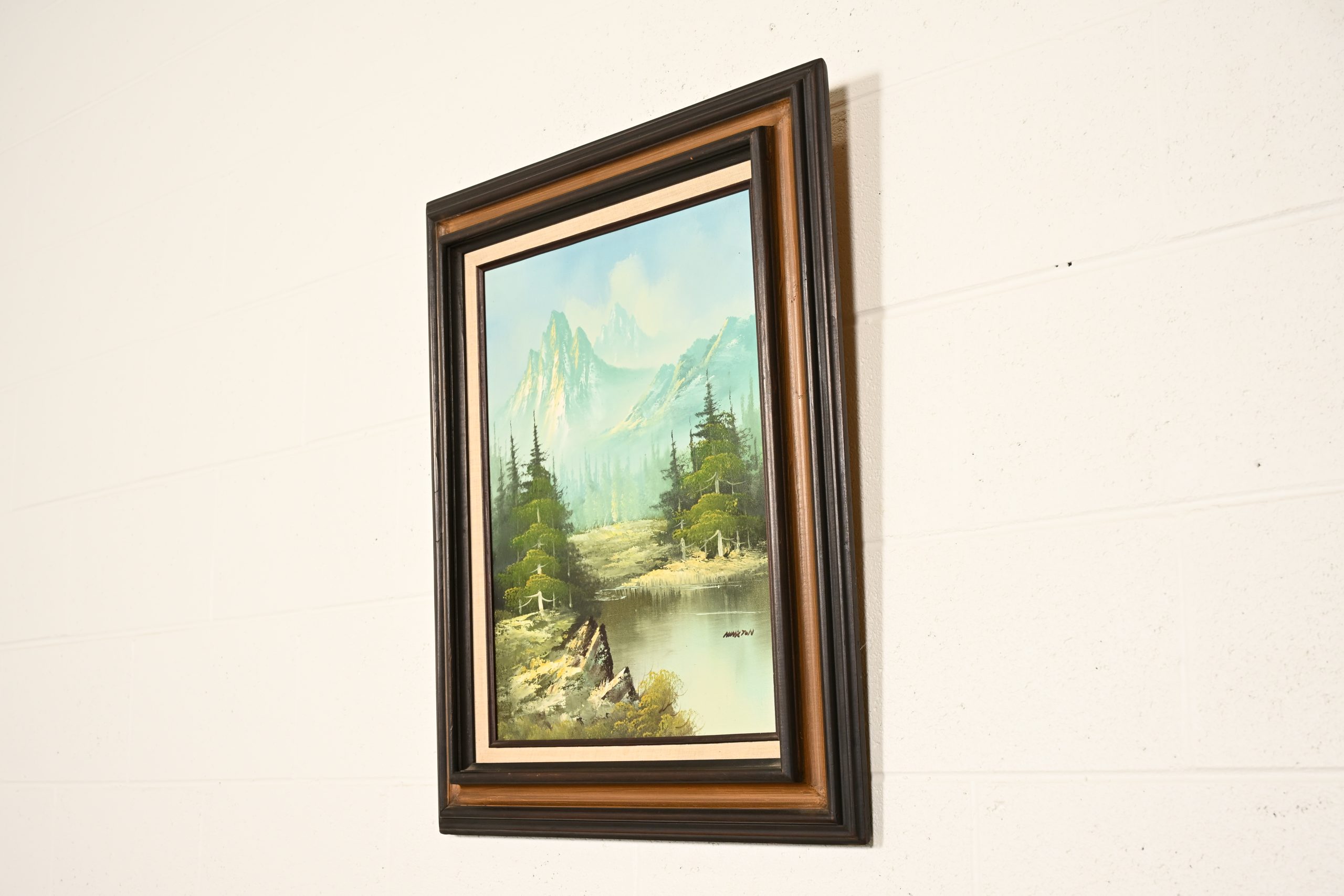 Bob Ross Style Original Signed Mountain River Landscape Oil Painting in Carved Wood Frame - Image 3