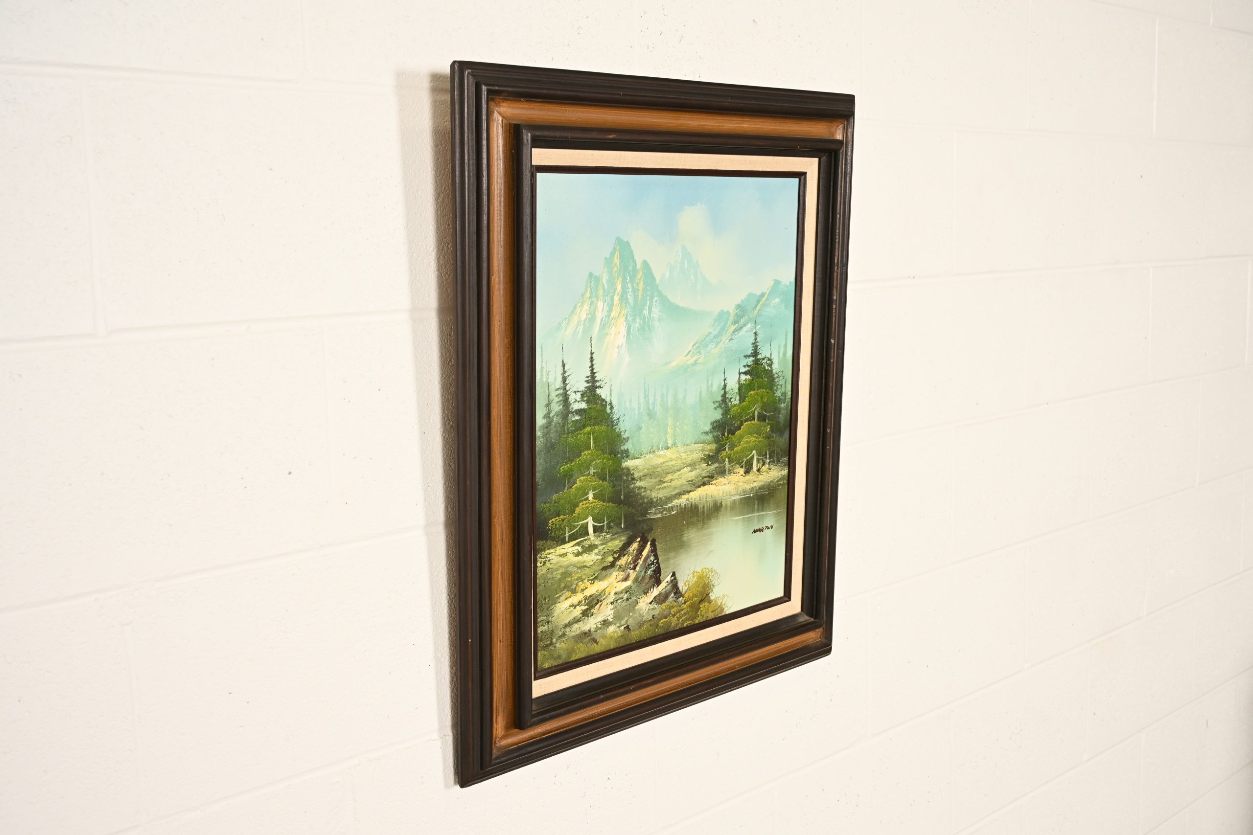 Bob Ross Style Original Signed Mountain River Landscape Oil Painting in Carved Wood Frame - Image 4