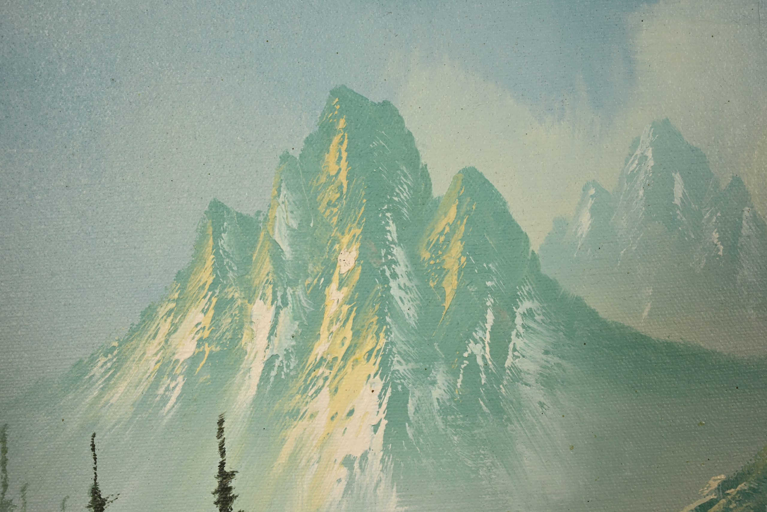Bob Ross Style Original Signed Mountain River Landscape Oil Painting in Carved Wood Frame - Image 8