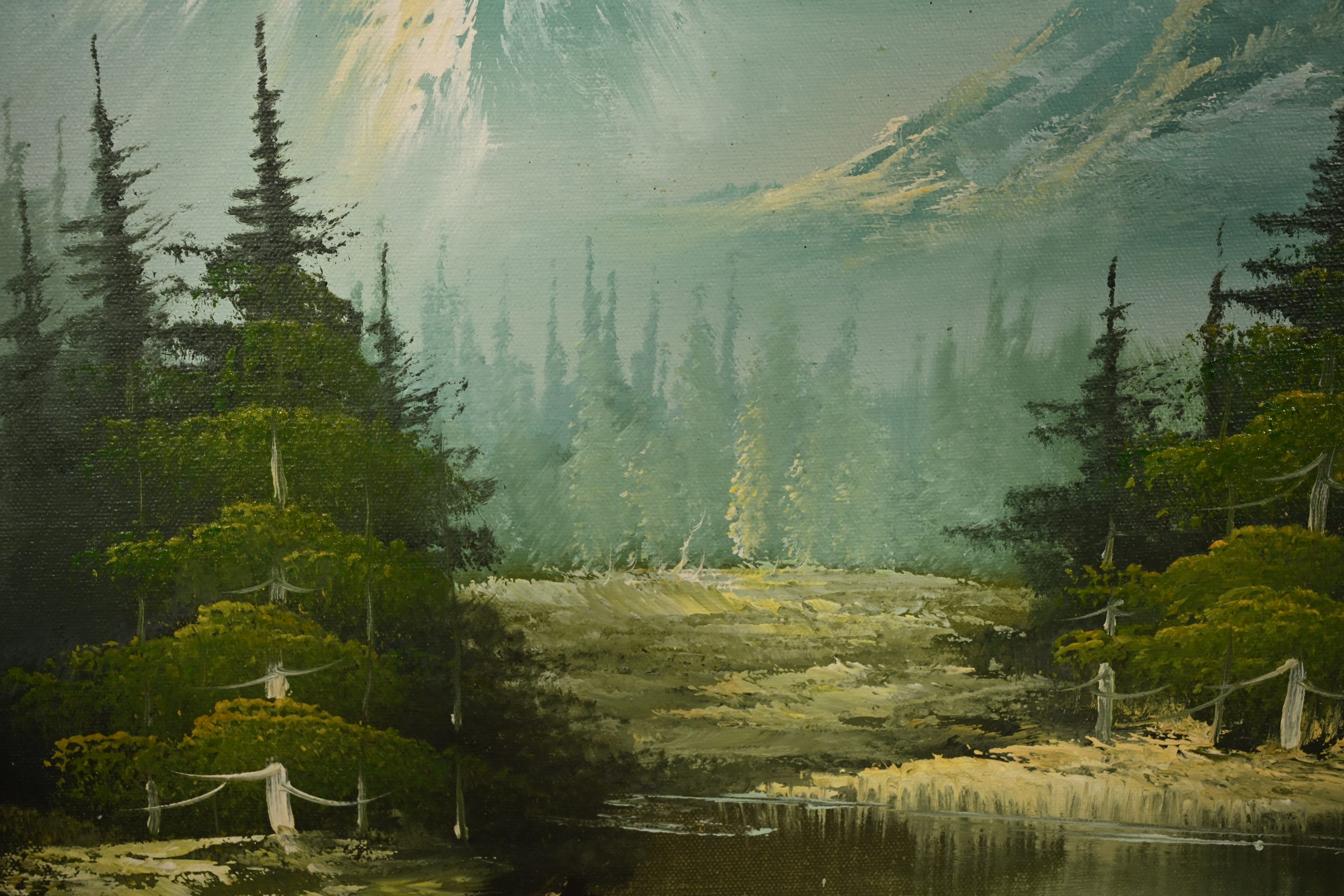 Bob Ross Style Original Signed Mountain River Landscape Oil Painting in Carved Wood Frame - Image 5