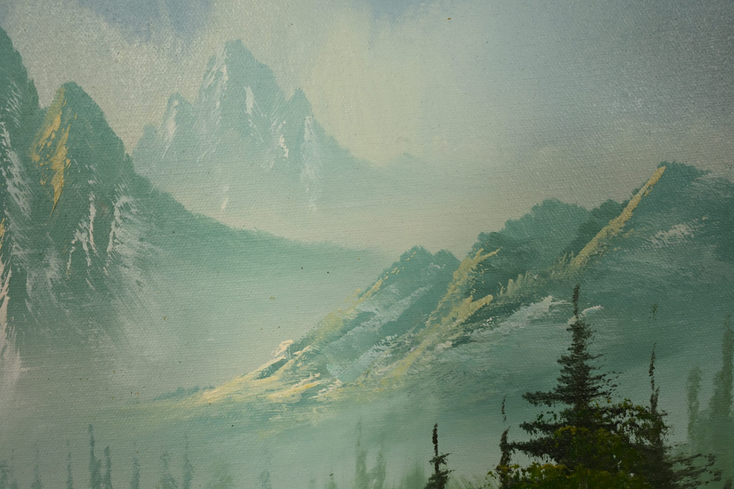 Bob Ross Style Original Signed Mountain River Landscape Oil Painting in Carved Wood Frame - Image 9