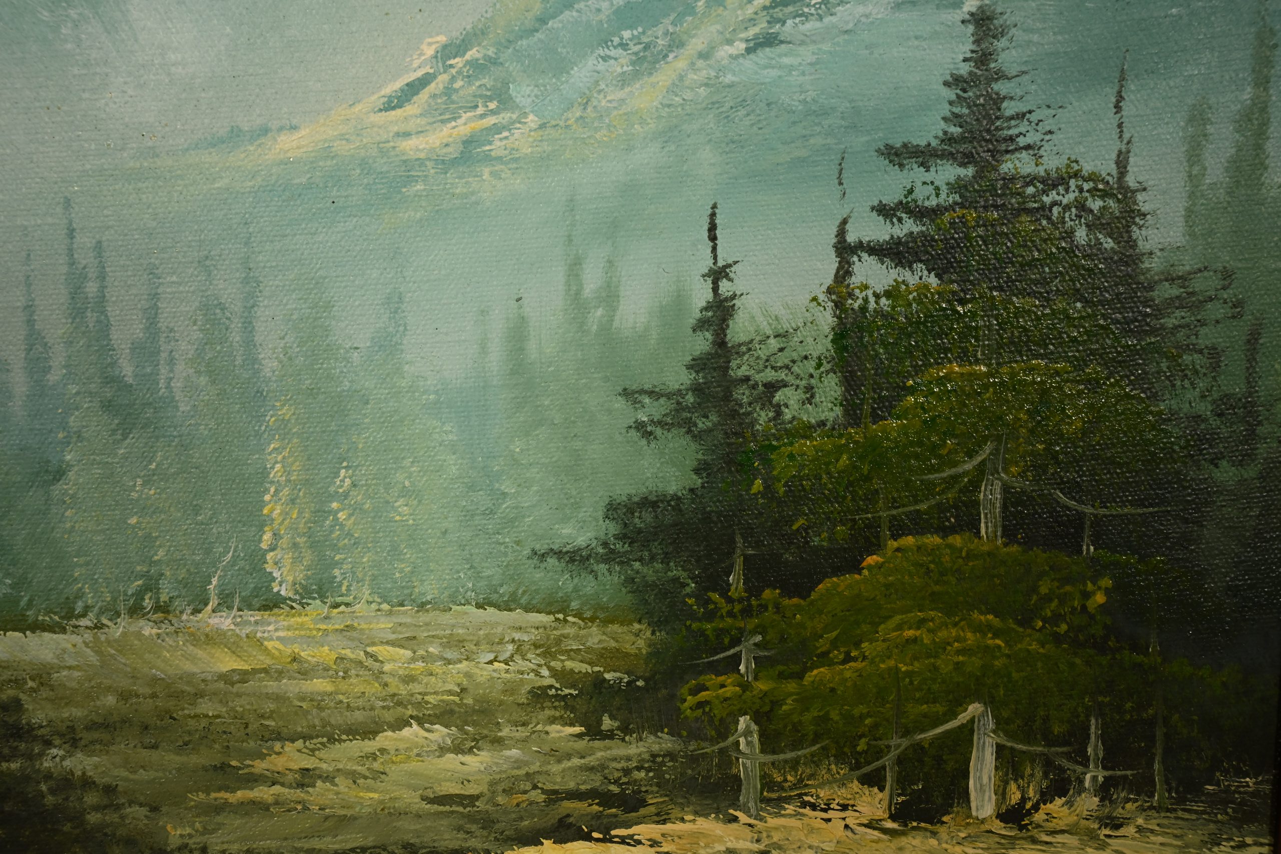 Bob Ross Style Original Signed Mountain River Landscape Oil Painting in Carved Wood Frame - Image 6