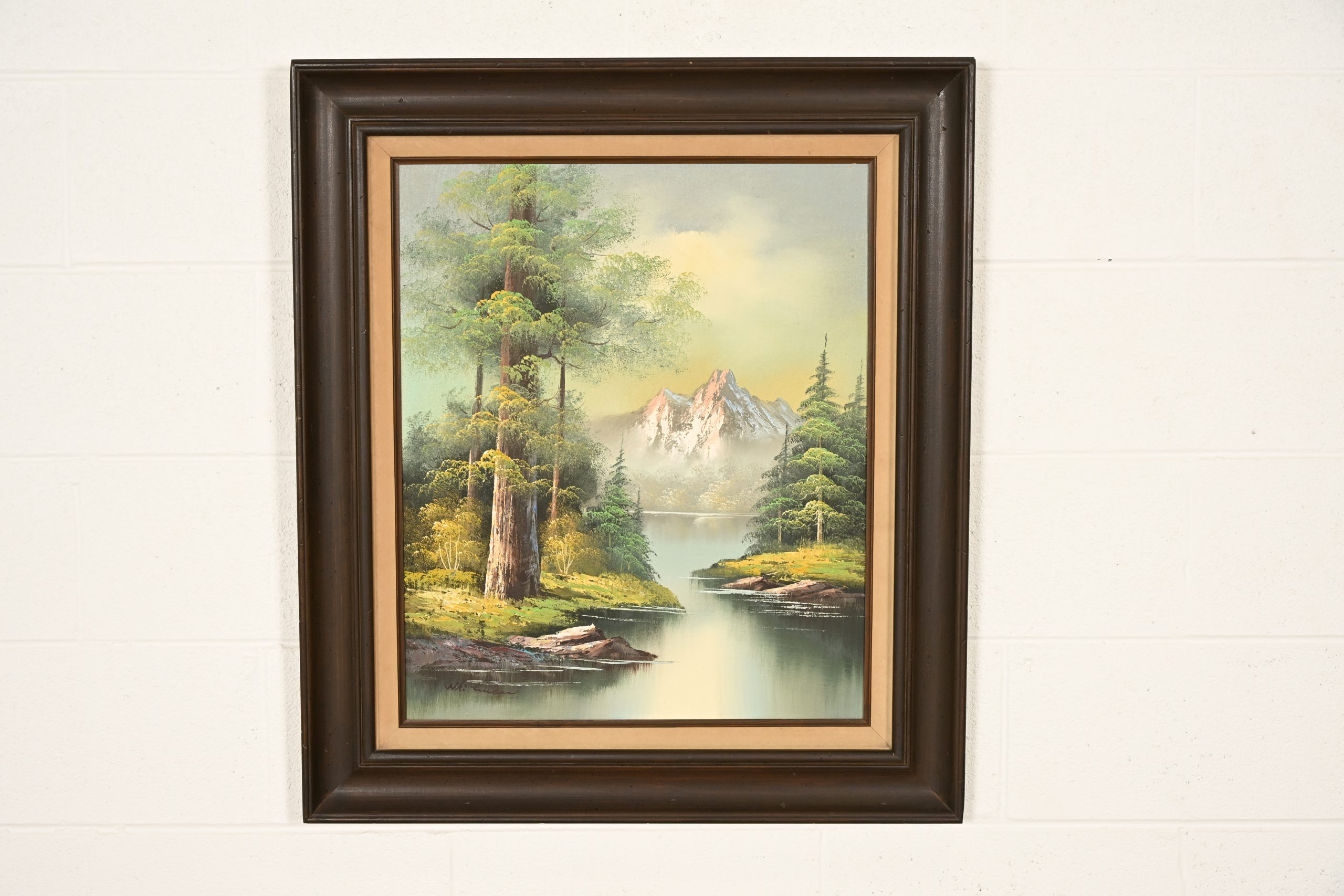 Bob Ross Style Original Signed Lakeside Mountain Landscape Oil Painting in Carved Wood Frame - Image 2