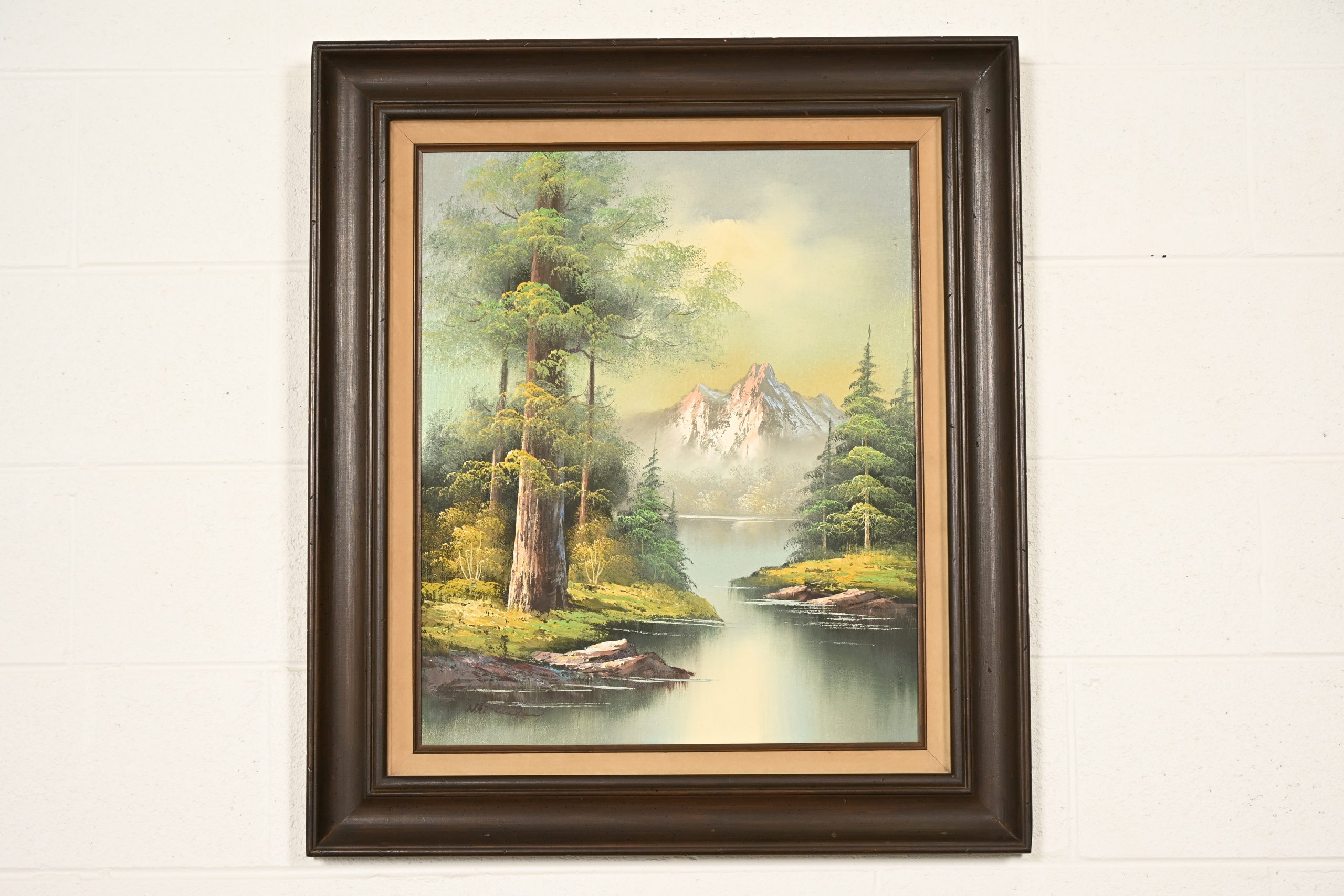 Bob Ross Style Original Signed Lakeside Mountain Landscape Oil Painting in Carved Wood Frame