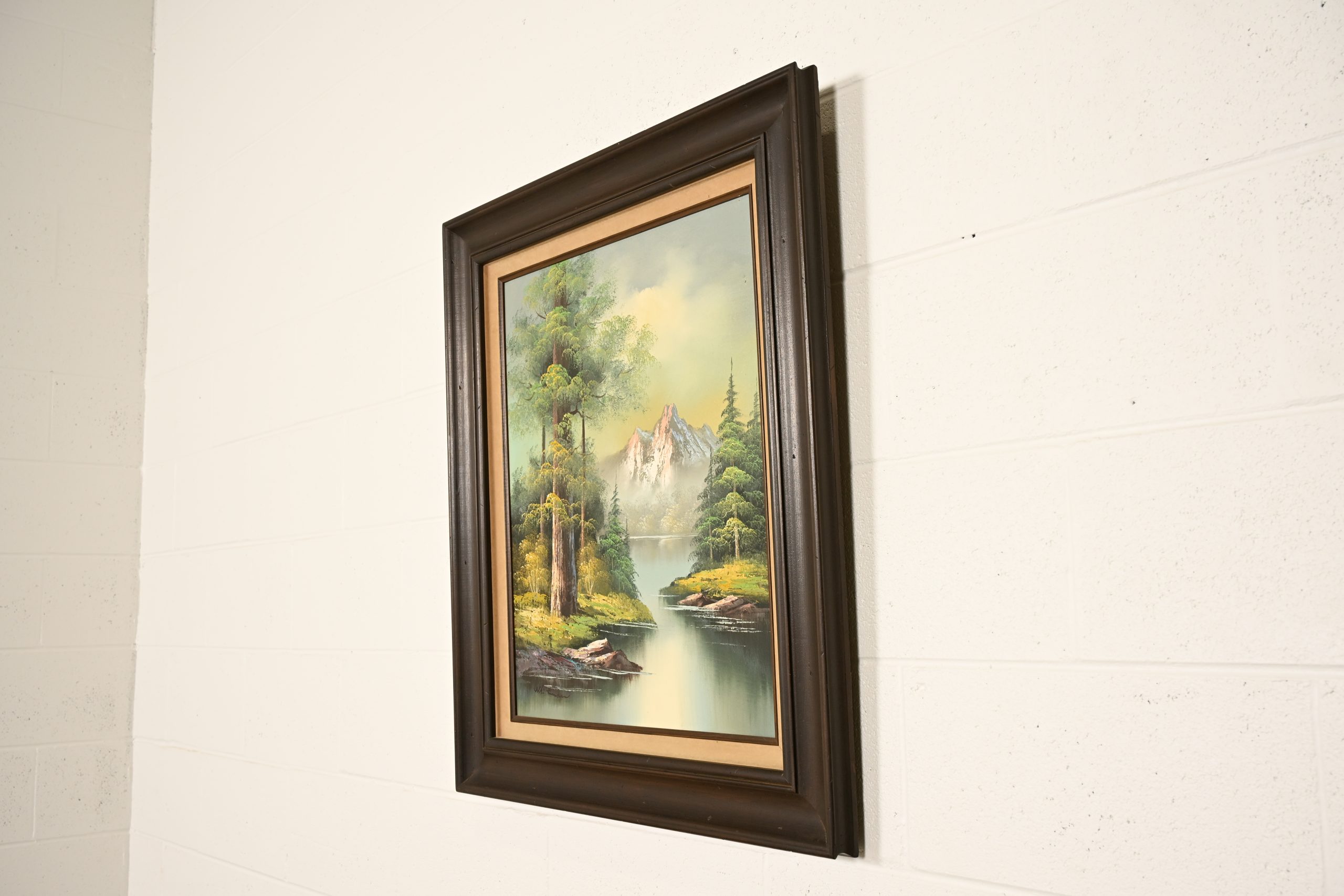 Bob Ross Style Original Signed Lakeside Mountain Landscape Oil Painting in Carved Wood Frame - Image 3
