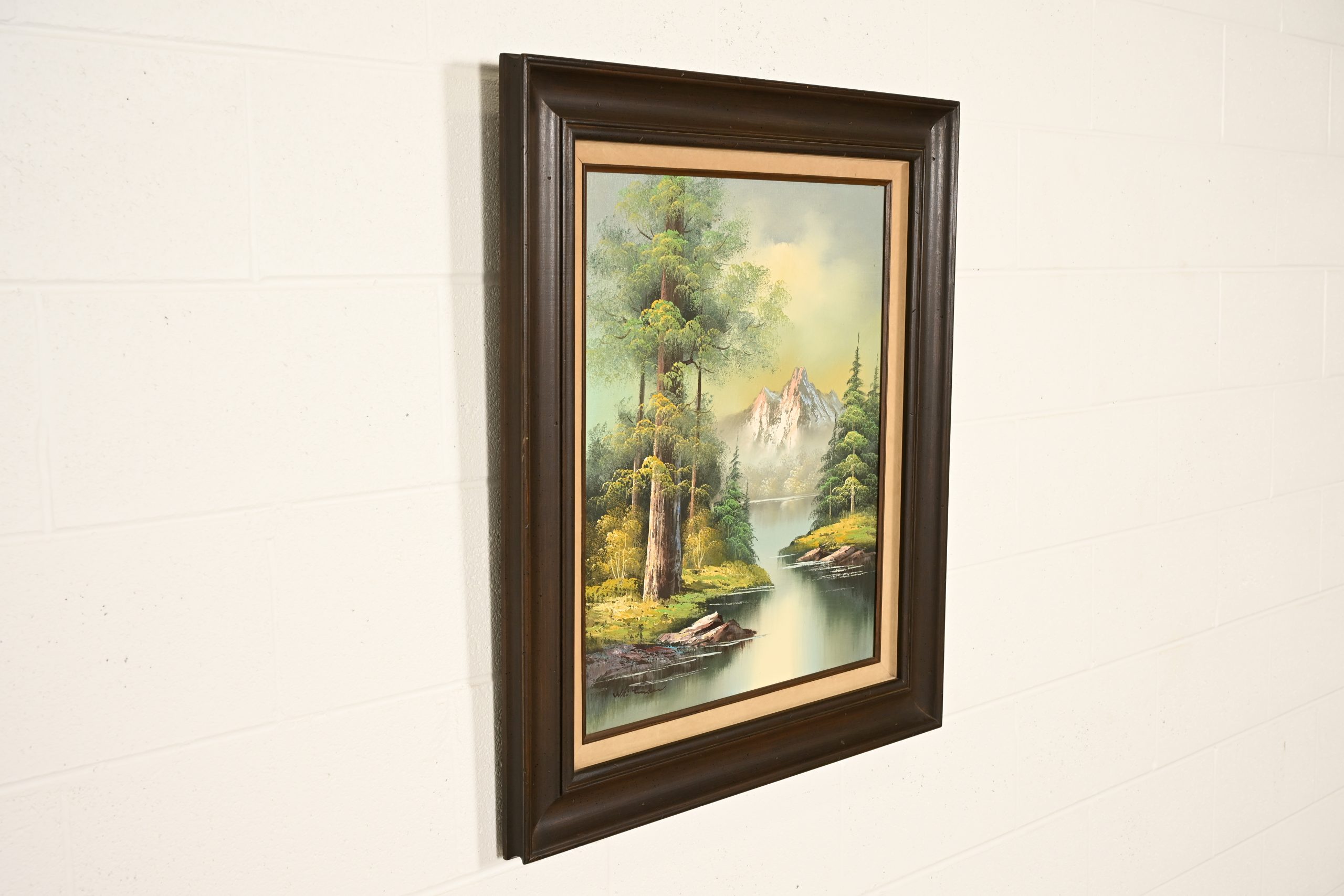Bob Ross Style Original Signed Lakeside Mountain Landscape Oil Painting in Carved Wood Frame - Image 4