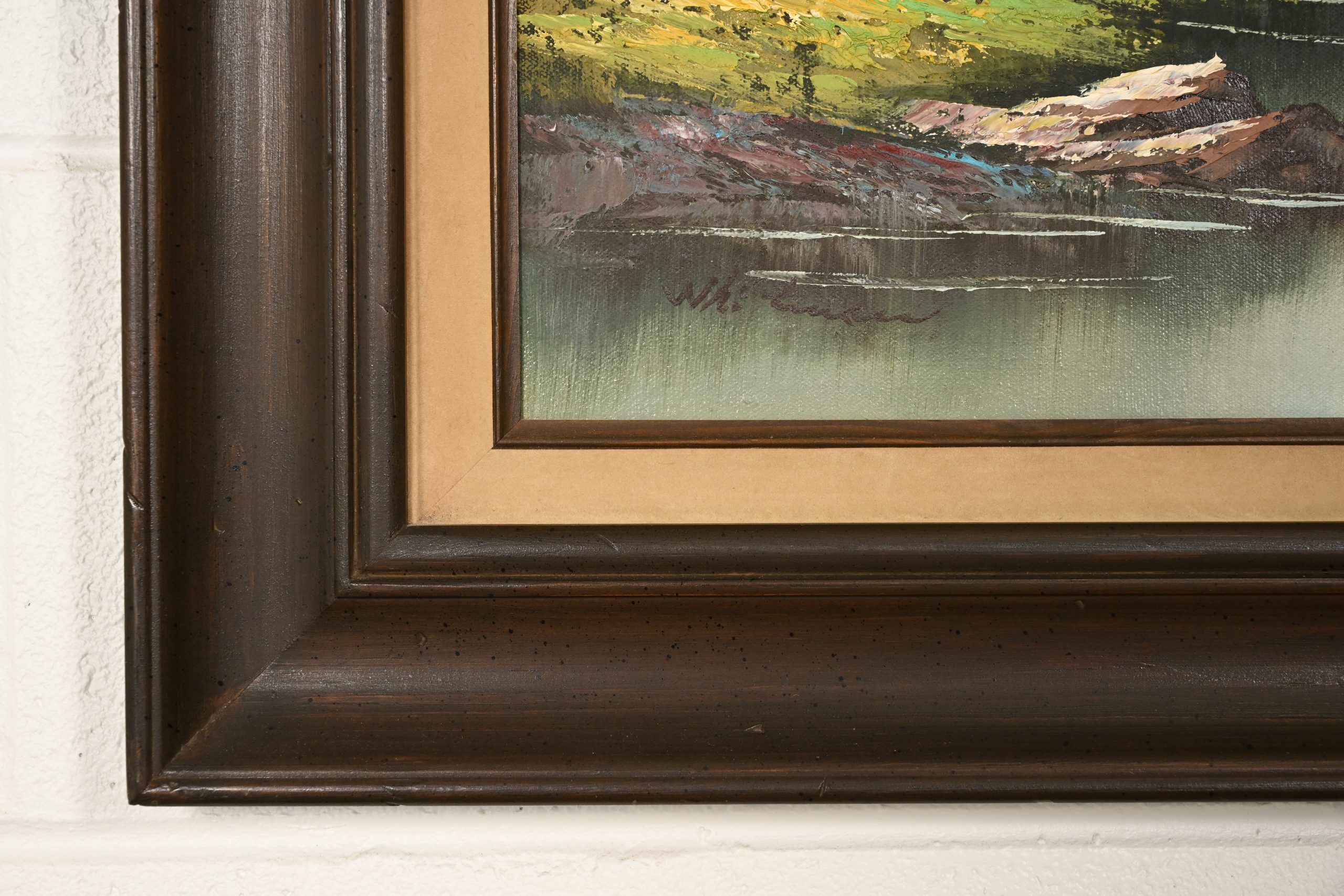 Bob Ross Style Original Signed Lakeside Mountain Landscape Oil Painting in Carved Wood Frame - Image 12
