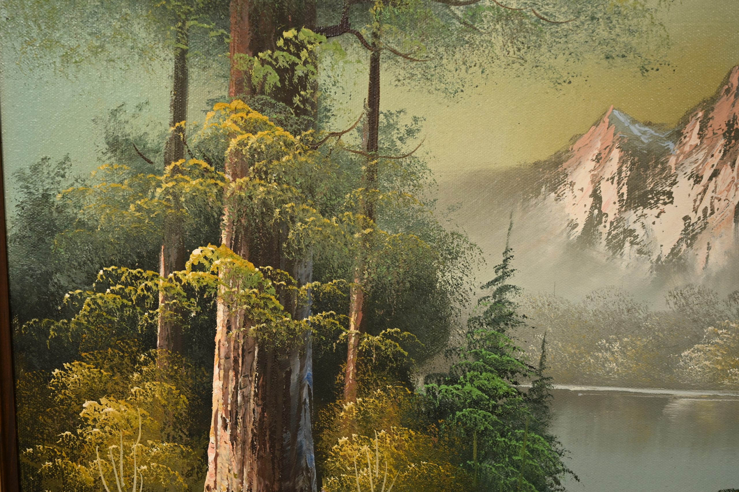 Bob Ross Style Original Signed Lakeside Mountain Landscape Oil Painting in Carved Wood Frame - Image 7