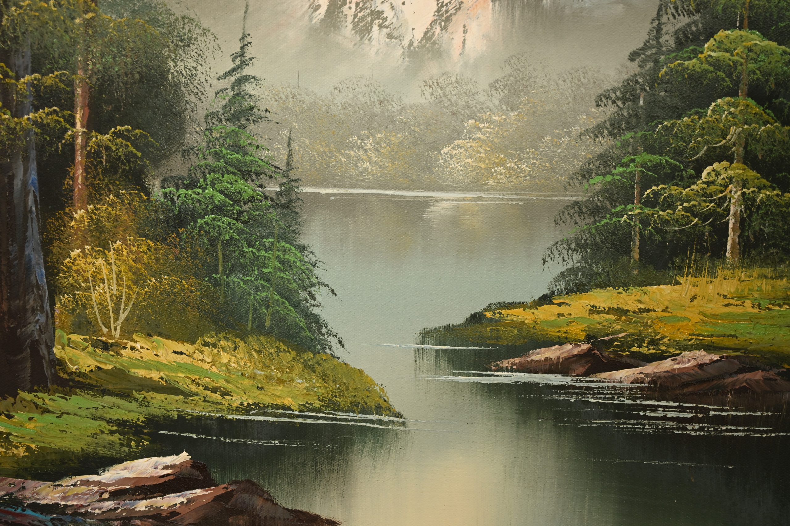 Bob Ross Style Original Signed Lakeside Mountain Landscape Oil Painting in Carved Wood Frame - Image 5