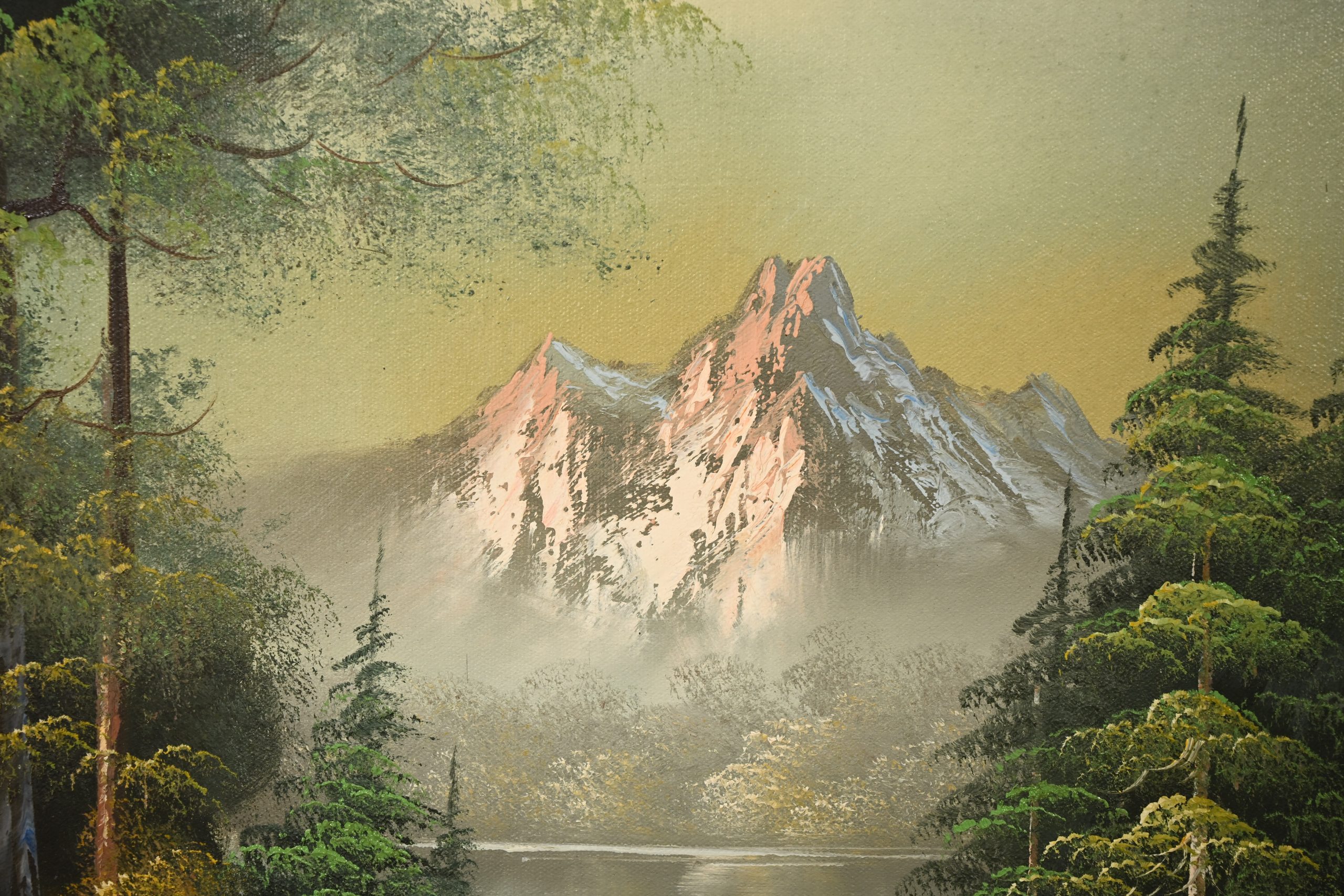 Bob Ross Style Original Signed Lakeside Mountain Landscape Oil Painting in Carved Wood Frame - Image 9
