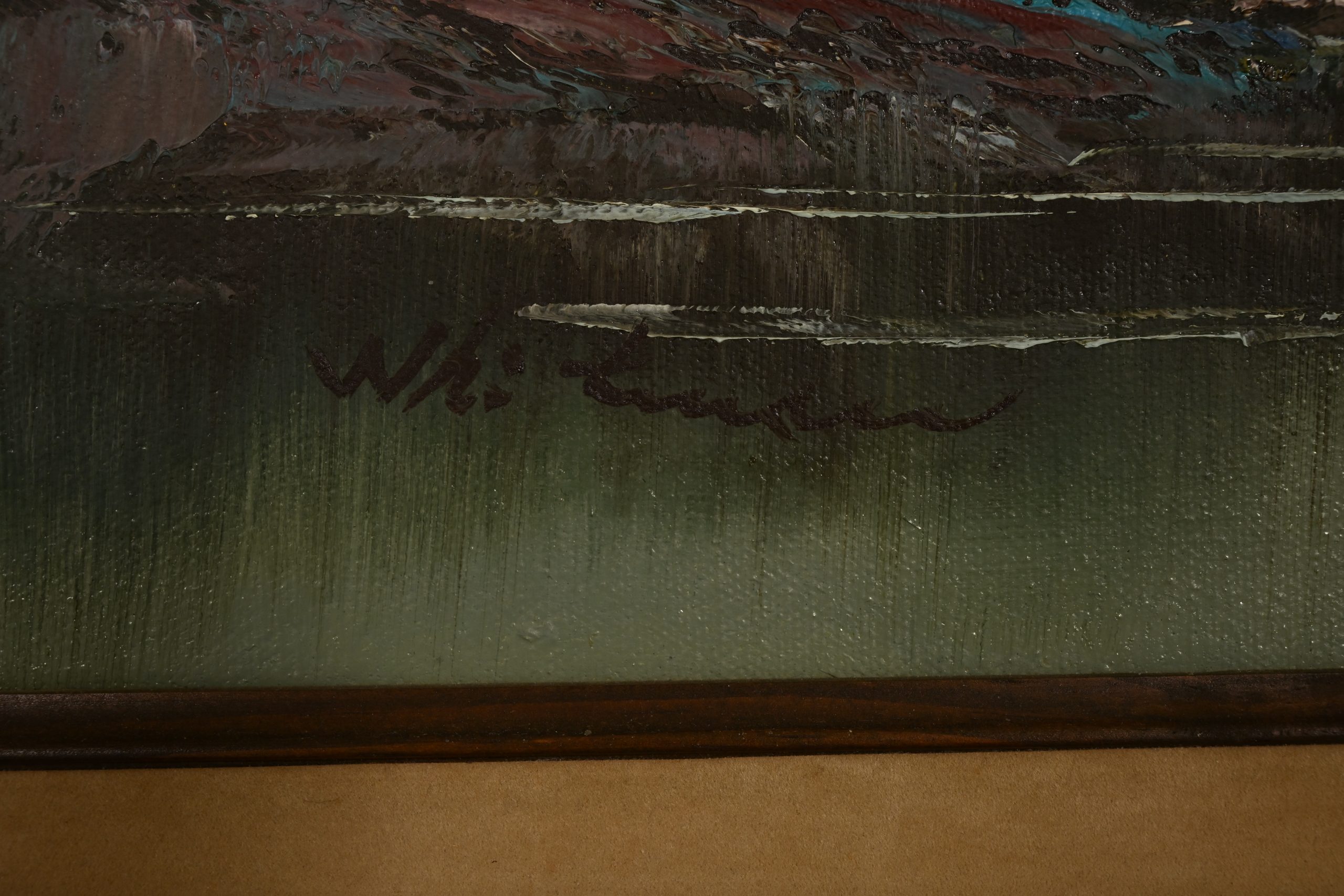 Bob Ross Style Original Signed Lakeside Mountain Landscape Oil Painting in Carved Wood Frame - Image 14