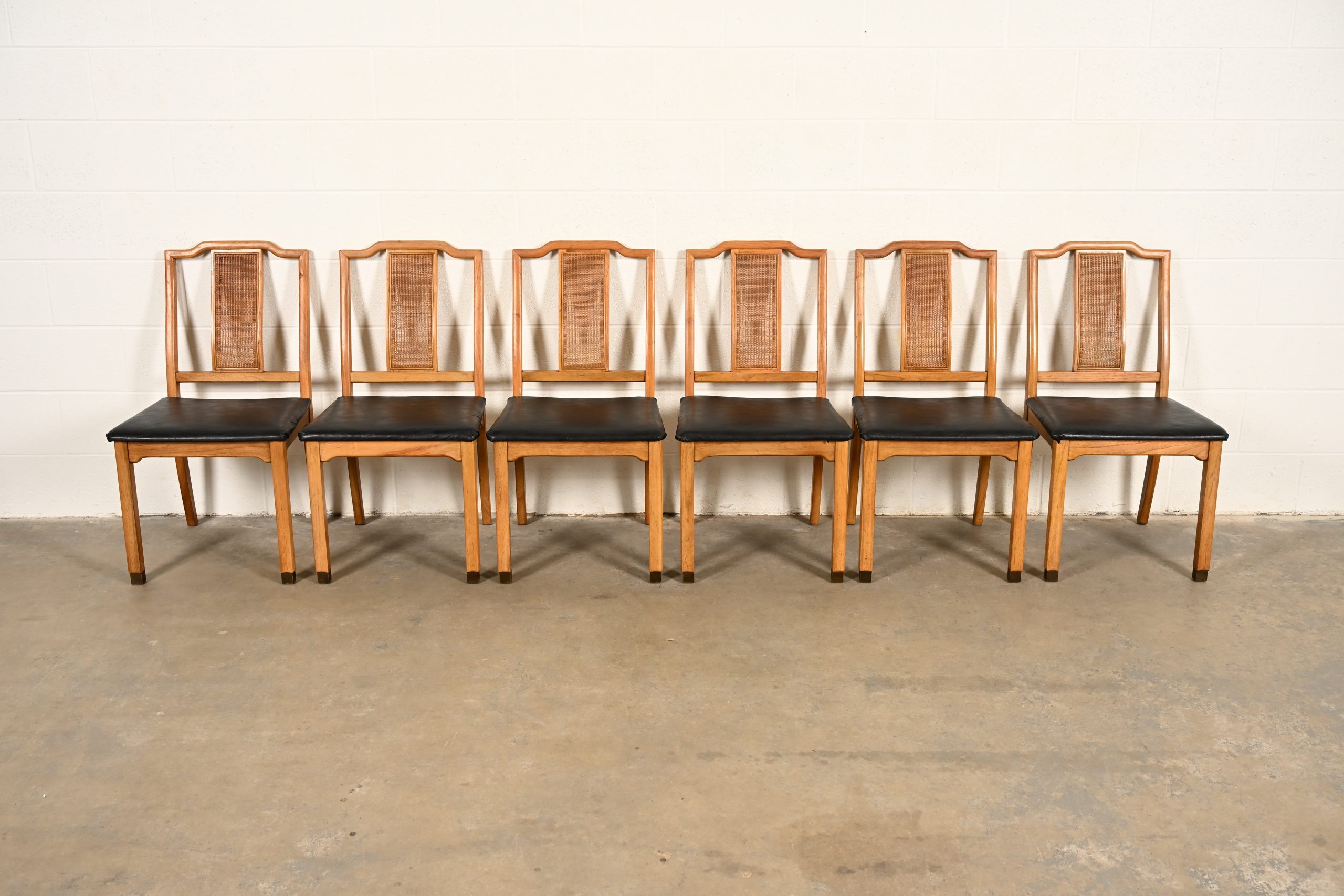Henredon Style Mid-Century Hollywood Regency Carved Walnut and Cane Dining Chairs, Set of Six - Image 2