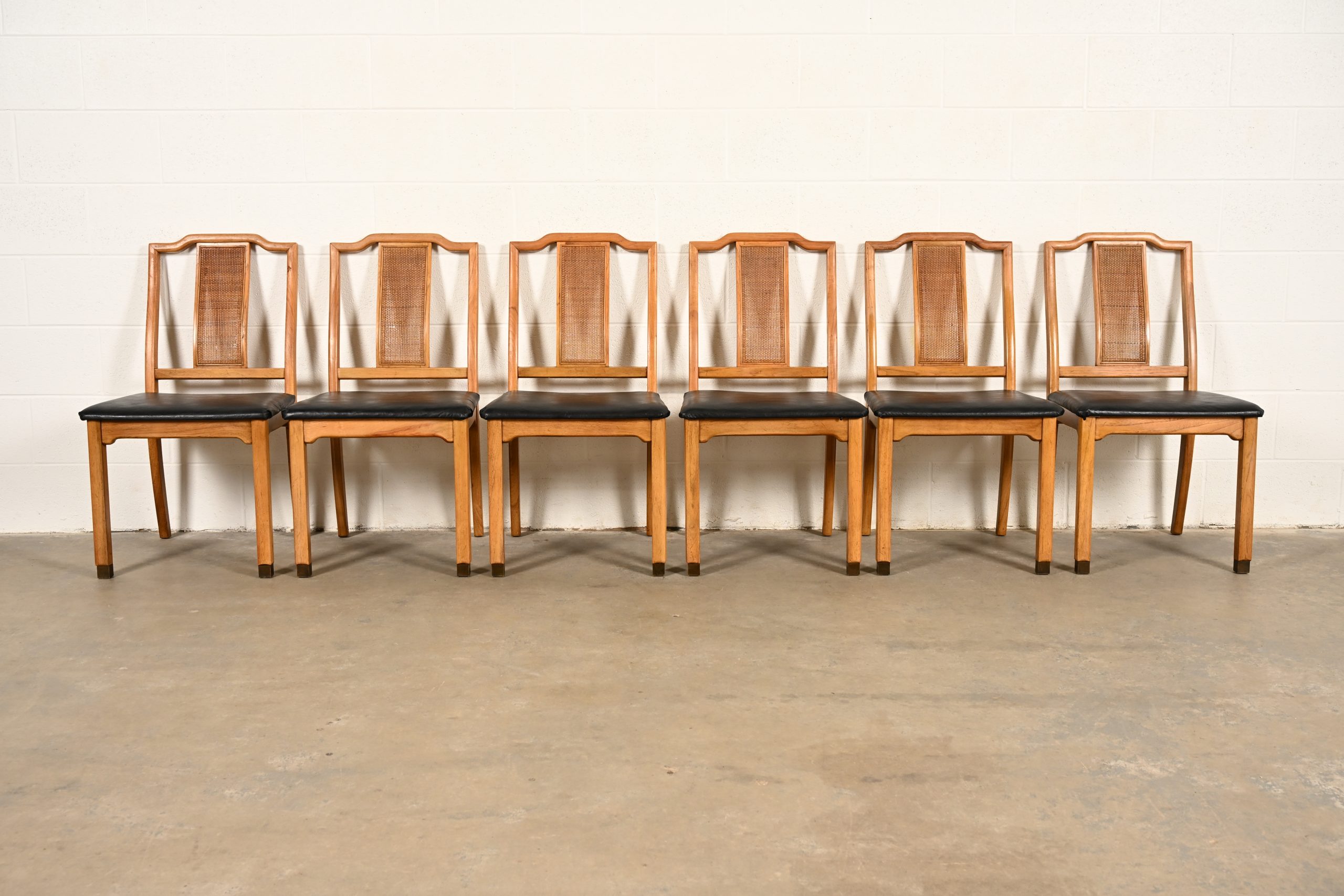 Henredon Style Mid-Century Hollywood Regency Carved Walnut and Cane Dining Chairs, Set of Six - Image 3
