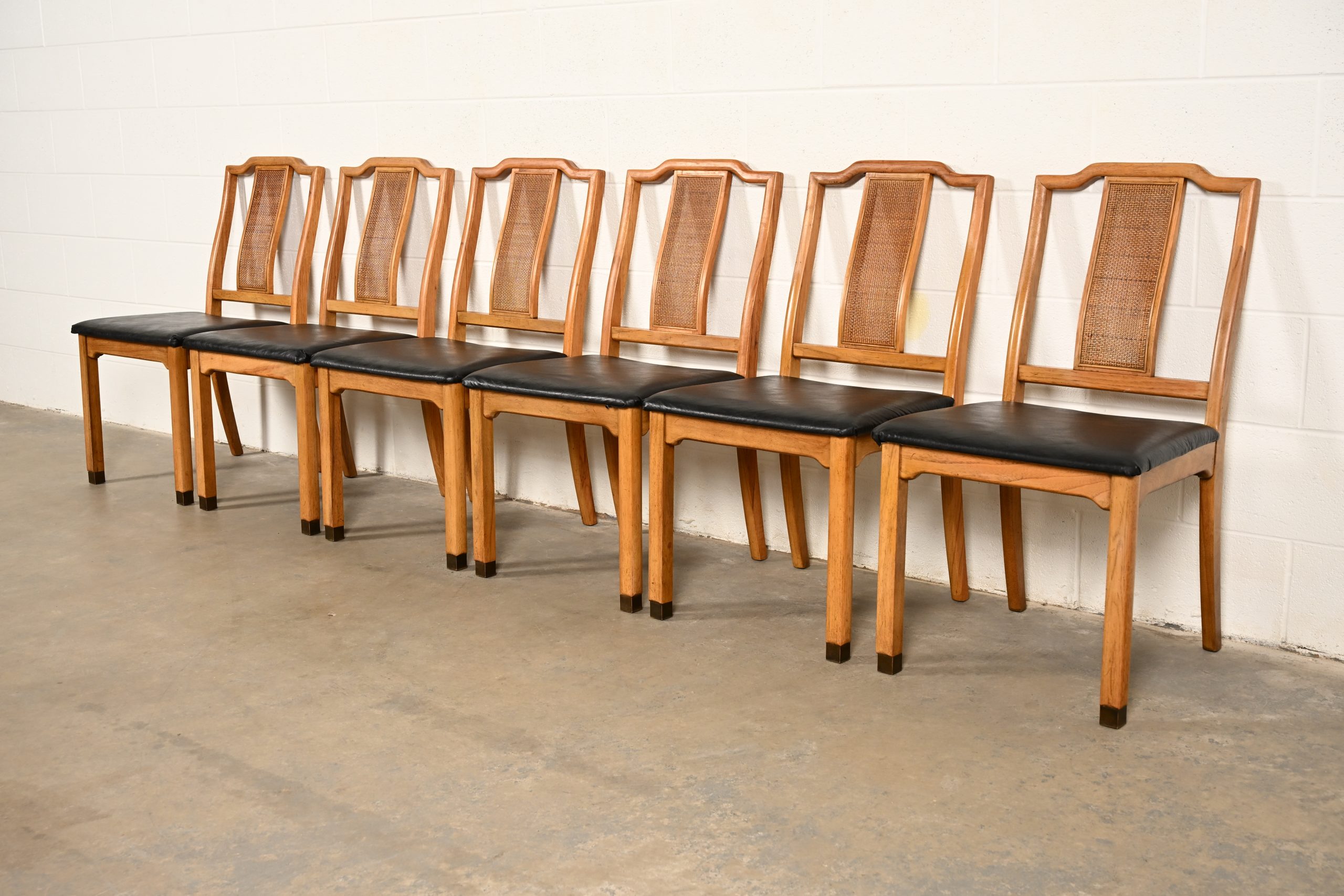 Henredon Style Mid-Century Hollywood Regency Carved Walnut and Cane Dining Chairs, Set of Six