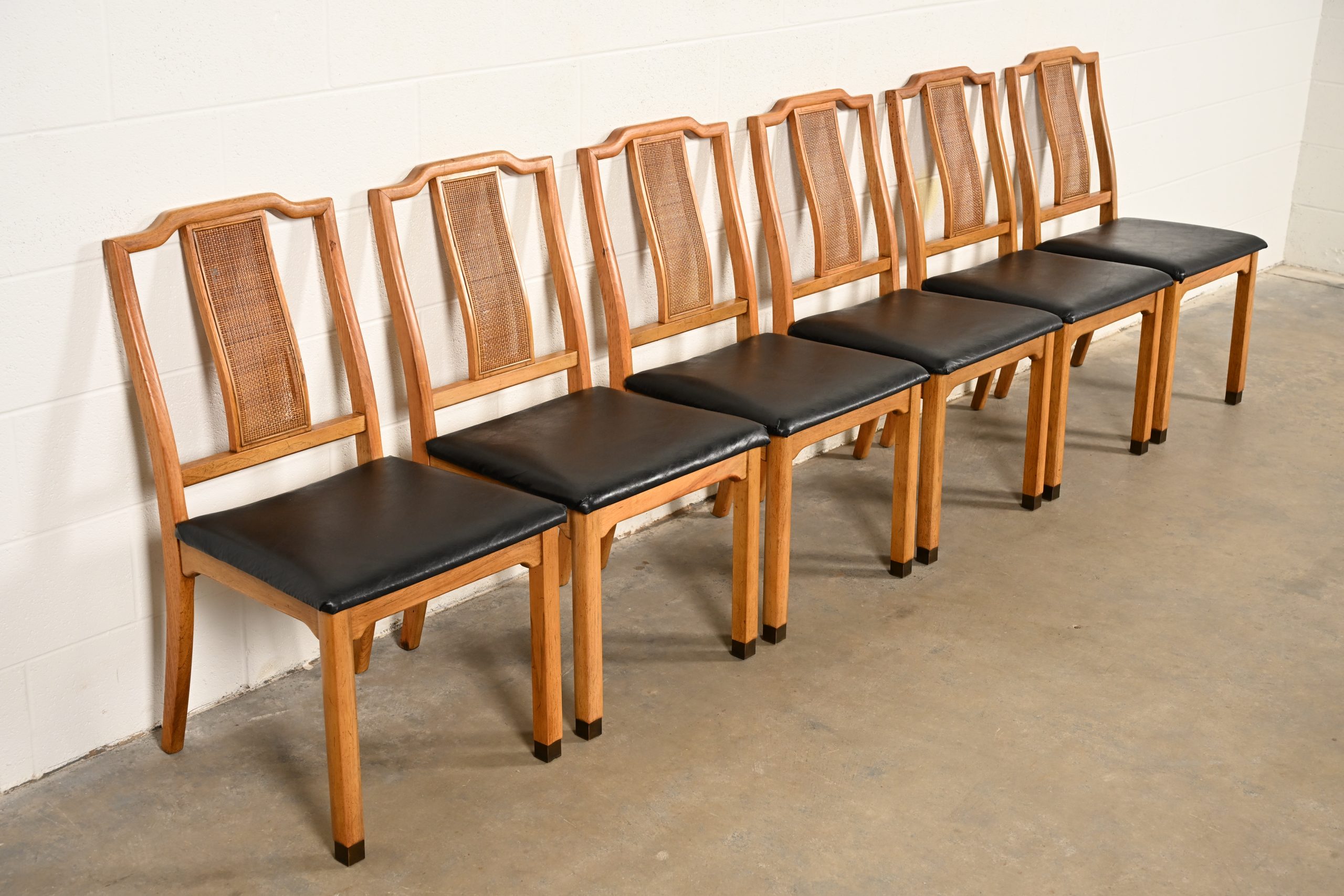 Henredon Style Mid-Century Hollywood Regency Carved Walnut and Cane Dining Chairs, Set of Six - Image 4