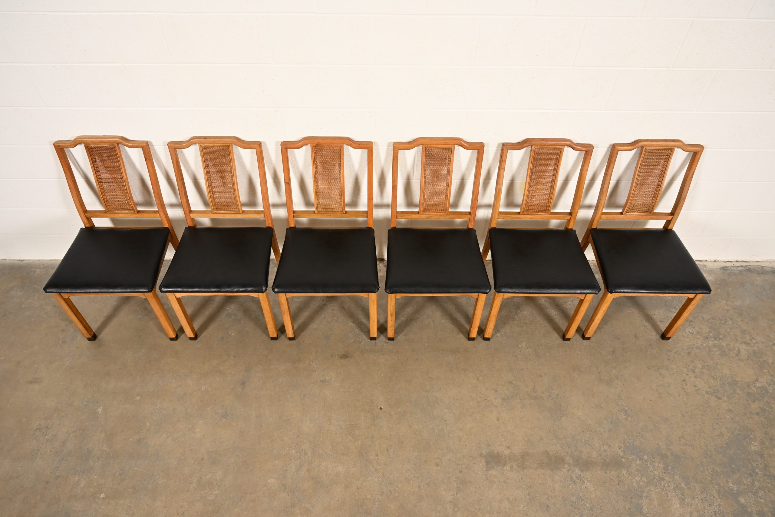 Henredon Style Mid-Century Hollywood Regency Carved Walnut and Cane Dining Chairs, Set of Six - Image 5