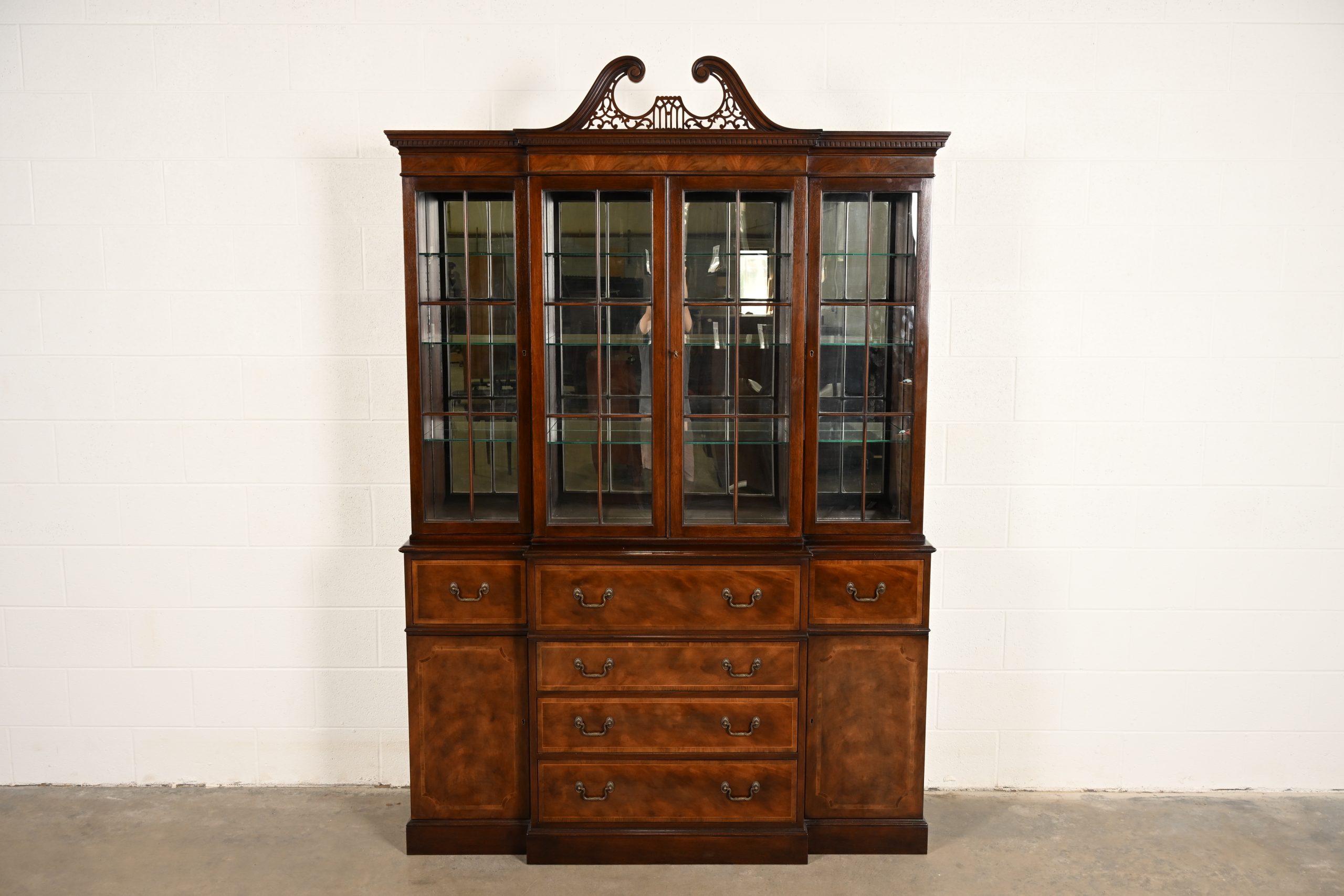 Baker Furniture Georgian Flame Mahogany Lighted Breakfront Bookcase Cabinet With Drop Front Secretary Desk, Circa 1960s - Image 2