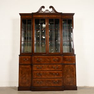 Baker Furniture Georgian Flame Mahogany Lighted Breakfront Bookcase Cabinet With Drop Front Secretary Desk, Circa 1960s