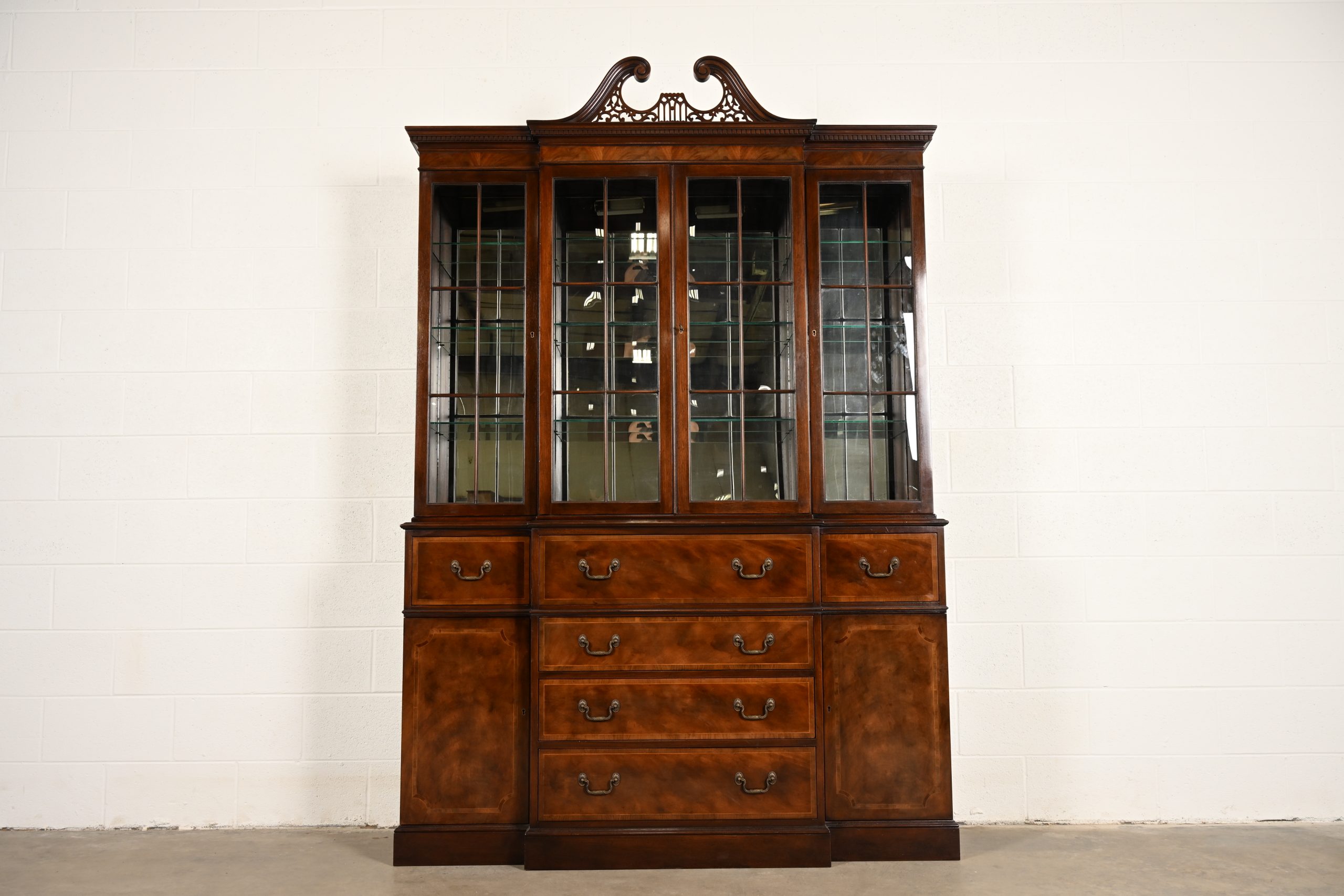 Baker Furniture Georgian Flame Mahogany Lighted Breakfront Bookcase Cabinet With Drop Front Secretary Desk, Circa 1960s