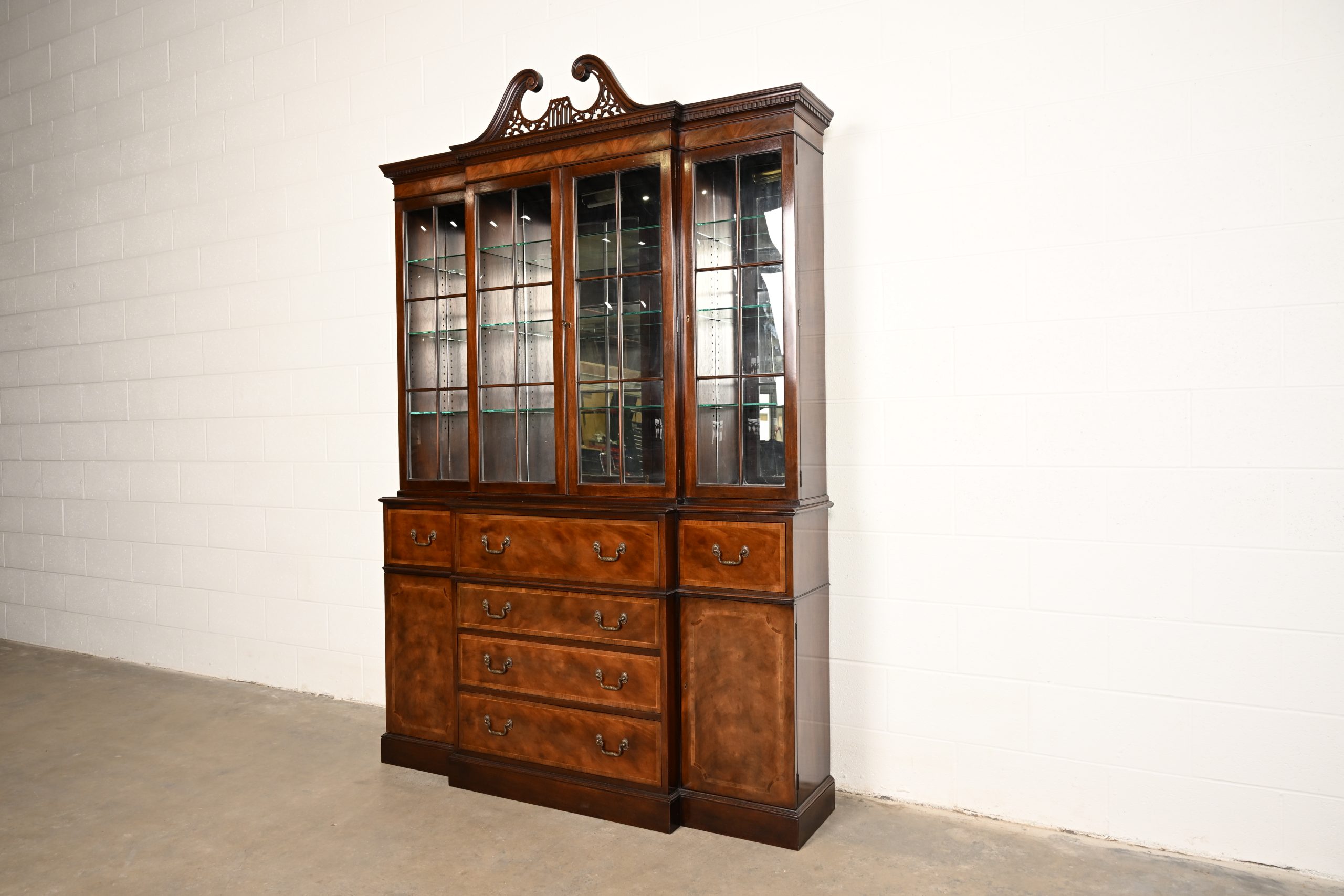 Baker Furniture Georgian Flame Mahogany Lighted Breakfront Bookcase Cabinet With Drop Front Secretary Desk, Circa 1960s - Image 3