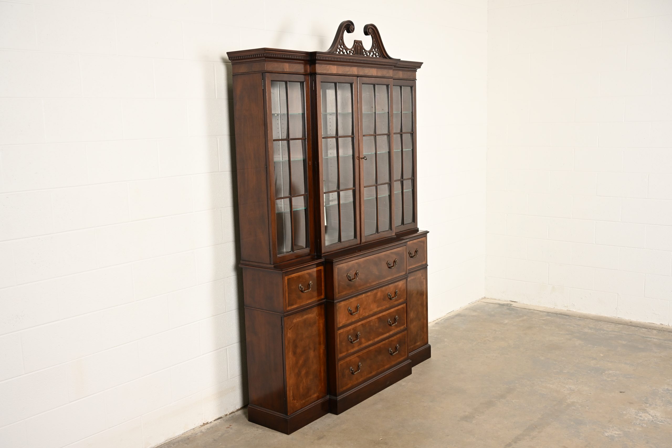 Baker Furniture Georgian Flame Mahogany Lighted Breakfront Bookcase Cabinet With Drop Front Secretary Desk, Circa 1960s - Image 4