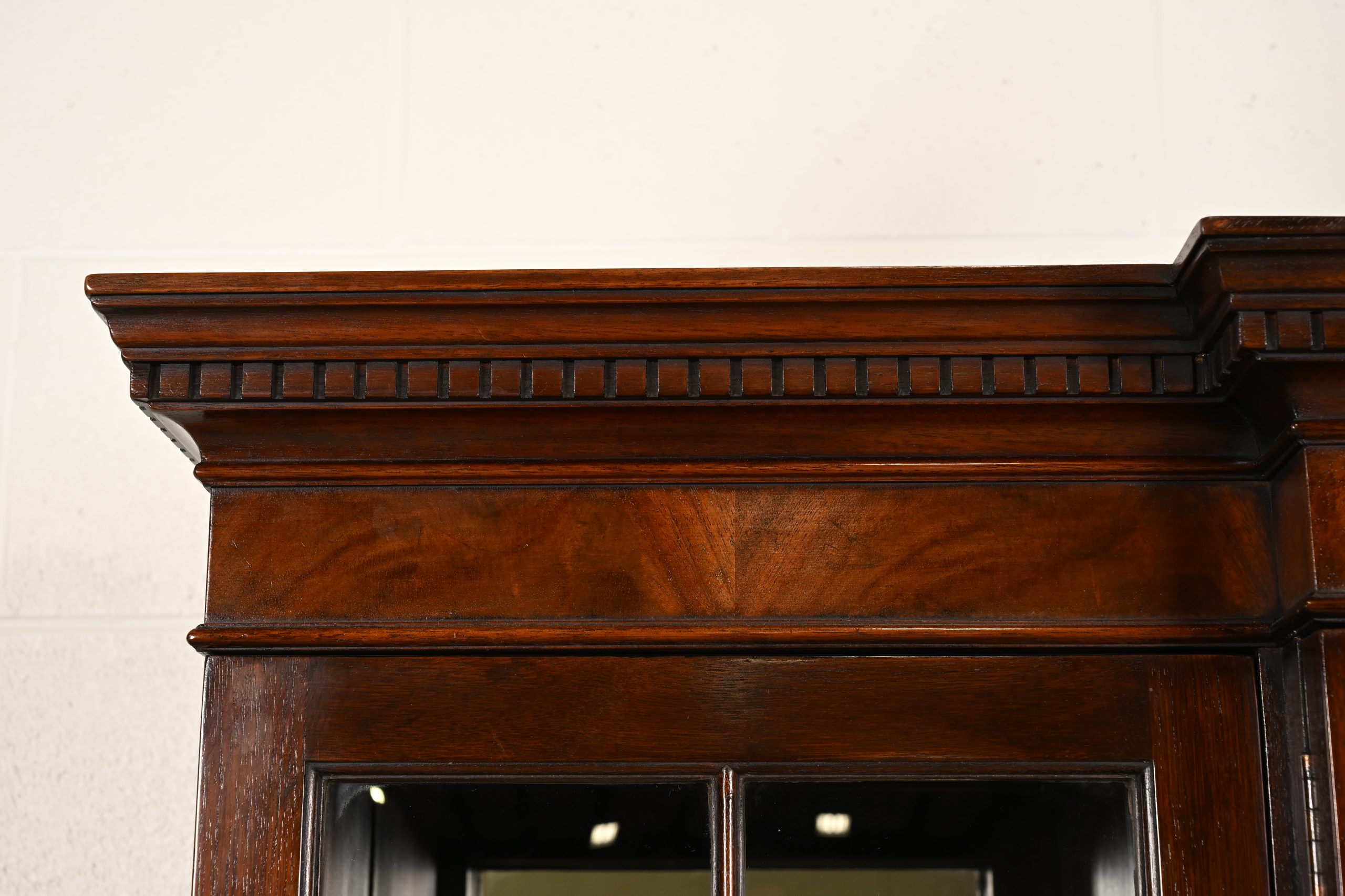 Baker Furniture Georgian Flame Mahogany Lighted Breakfront Bookcase Cabinet With Drop Front Secretary Desk, Circa 1960s - Image 8
